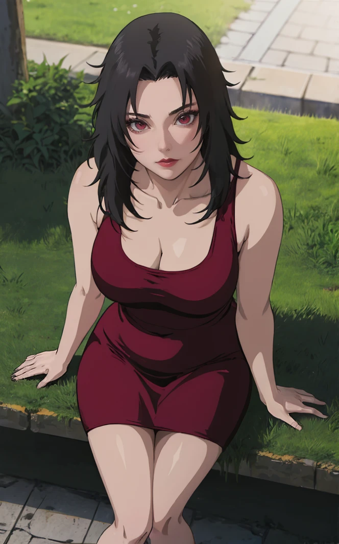 outdoors, lens flare, depth of field, bokeh, vanishing point, solo, looking at viewer,((masterpiece, best quality)), BREAK 
RedTankTop_KurenaiYuhi_ownwaifu,  
1girl, black hair, long hair, lipstick, makeup, red eyes, red lips, medium breasts, lips, 
cleavage, red dress, collarbone, tank top, bare shoulders, wedding ring,
(sitting, from above)<lora:NARUTO_Kunoichi_KurenaiYuhi_ownwaifu:0.9>, 
 insaneres, absurdres,