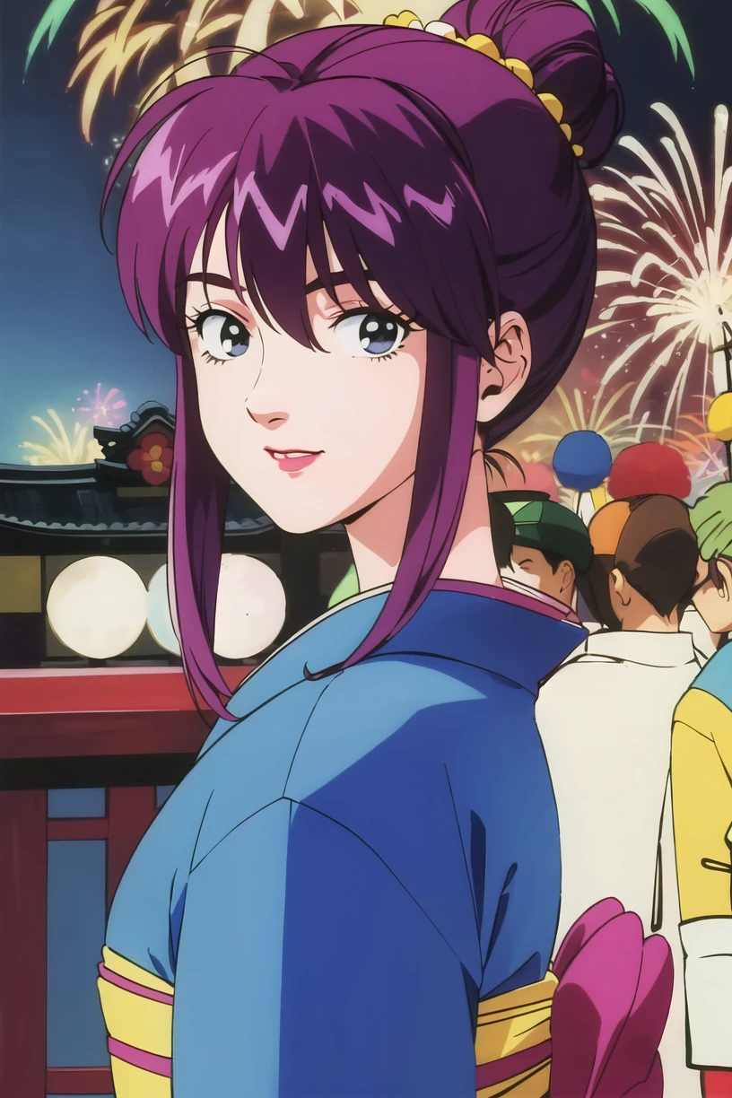 best quality,masterpiece,looking at viewer,absurdres,1girl,
depth of field,<lora:023-ä¸åå°å½å®¶-é¢ä¸½V1-000016:0.7>,retro artstyle,1990s \(style\),yanli,black eyes,purple hair,single hair bun,sidelocks,Kimono, fireworks, hairpins,aerial fireworks,festival,japanese clothes,summer festival,,