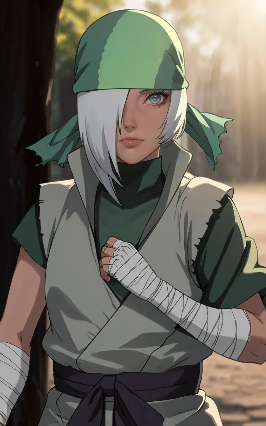 ((masterpiece, best quality)), insaneres, absurdres, solo, vanishing point,
Bandana_Ryuzetsu_ownwaifu,
1girl, flat chest, hair over one eye, bandana, white hair, dark skin, short hair, grey eyes, ringed eyes, green headwear,
bandages, vest, bandaged arm, ninja, asymmetrical sleeves, black pants, shirt, turtleneck, bandaged hand, short sleeves,
(portrait, straight-on)<lora:NARUTO__Ryuzetsu_ownwaifu:1>,
outdoors, lens flare, depth of field, bokeh, embers, looking at viewer,