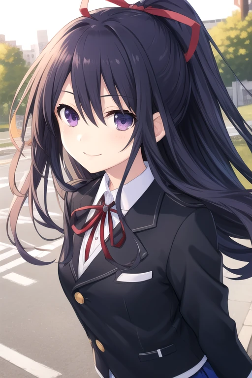((masterpiece)),(best quality),official art,extremely delicate and beautiful,extremely detailed CG,unity 8k wallpaper,ultra detailed,beautiful detailed eyes,extremely detailed face,outdoors,1girl,solo,upper body,(portrait:1.5),looking at viewer,facing viewer,smile,yatogami tooka,very long hair,purple hair,high ponytail,floating hair,hair ribbon,red ribbon,sidelocks,hair between eyes,bangs,violet eyes,school uniform,black jacket,white shirt,collared shirt,medium breasts,long sleeves,pleated skirt,miniskirt,blue skirt,zettai ryouiki,black thighhighs,loafers,<lora:Yatogami Tohka(dal)>,<lora:TSNeptunia-000045:0.5>,