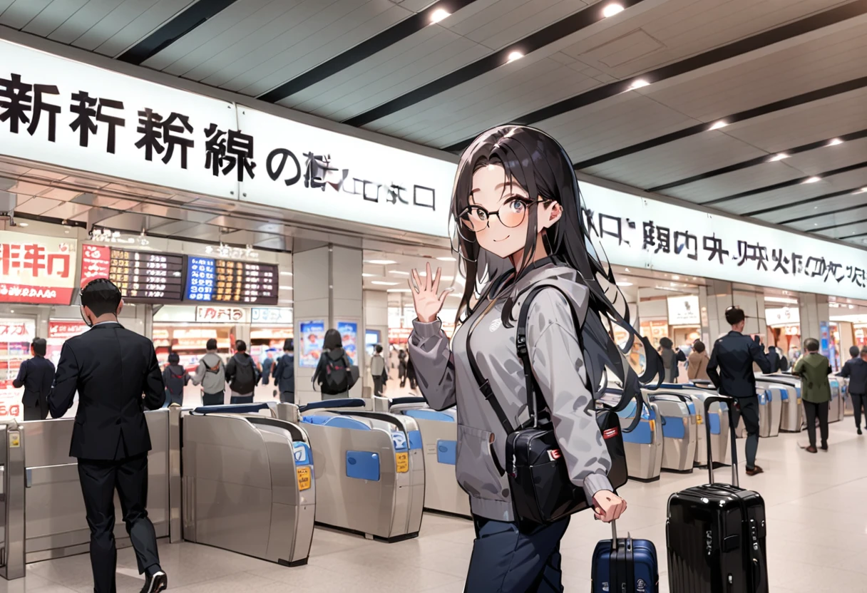 masterpiece, best quality, very aesthetic, absurdres,
1girl, solo, glasses, black hair, long hair, hoodie, pants, rolling suitcase, smile, looking at viewer, solo focus, waving,
shinosaka, chuoguchi, ticket gate, multiple boys, 6+boys, scenery, shop, indoors
<lora:shinosakaeki_chuoguchi_SDXL_V1:0.8>