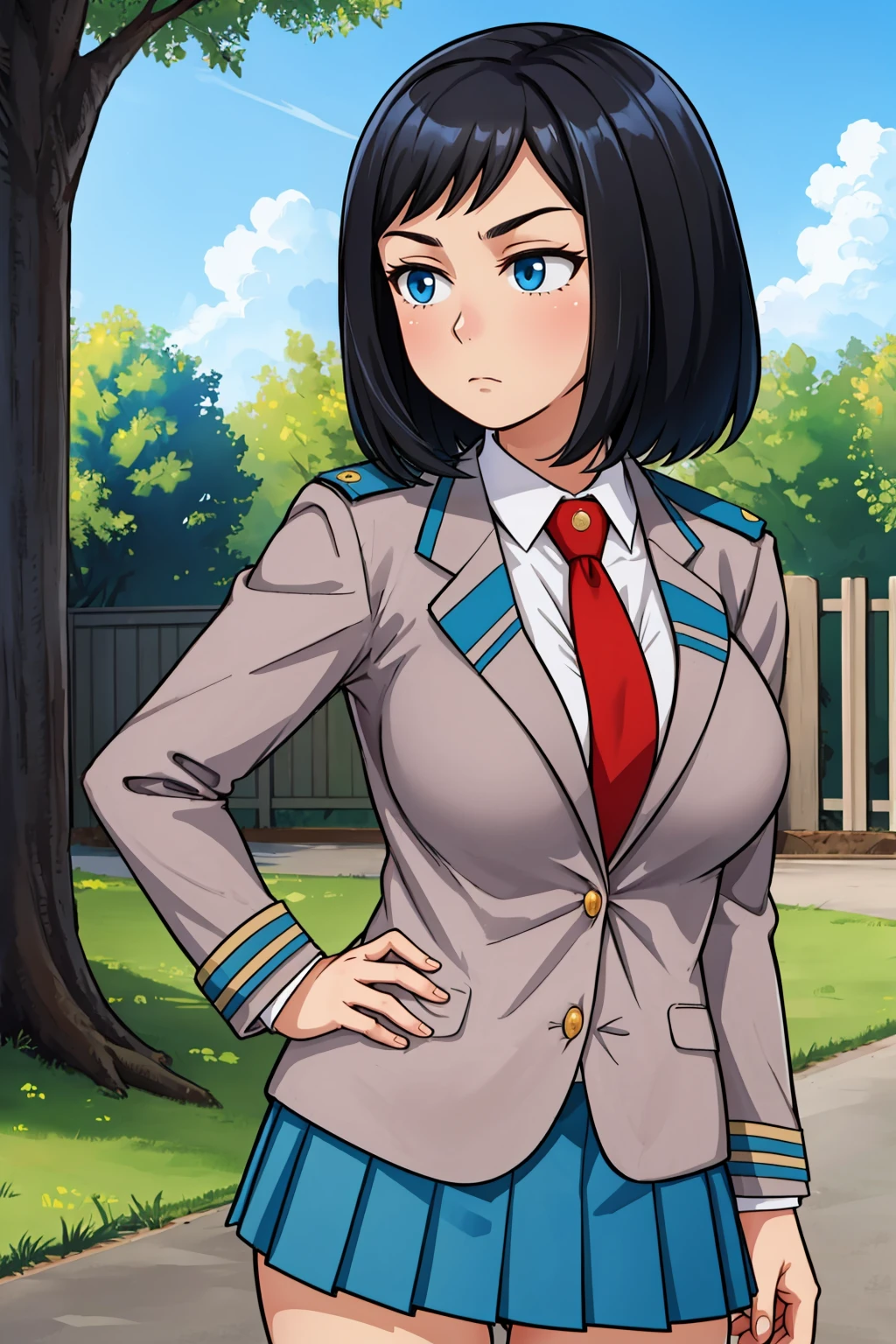 masterpiece, best quality, 1girl,  <lora:kodaiyui-nvwls-v1-000009:1> kodaiyui, grey blazer, grey jacket, collared shirt, red necktie, pleated skirt, large breasts, furrowed brow, expressionless, blue sky, park, tree