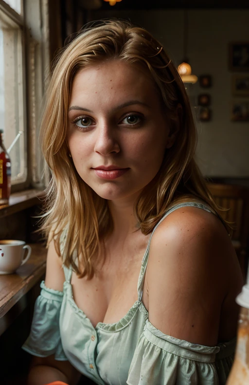 <lora:Narkiss:0.8>, full color portrait of a young woman, having coffee at a vintage russian cafe, natural light, RAW photo, subject, 8k uhd, dslr, soft lighting, high quality, film grain, Fujifilm XT3