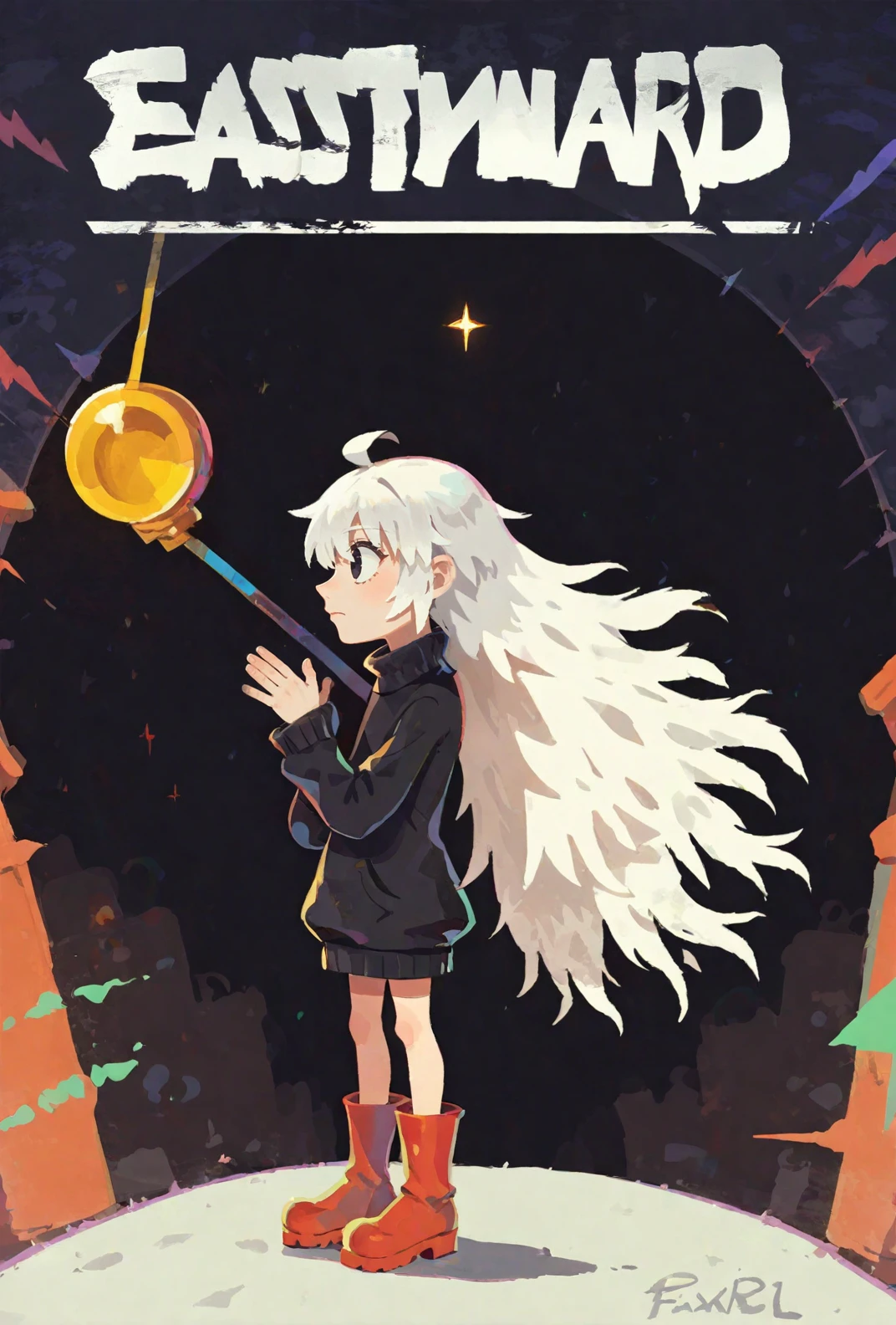 score9, score_8_up, score_7_up, rating_safe, 1girl, solo, colorful, vibrant, female focus, standing, hands at side, looking off in the distance, forlorn, from below, from the side, dutch angle,cute, black eyes,  short, very long hair, white hair, black sweater, big red boots, sleeves over hands, sleeves covering hands, no visible hands,  <lora:Eastward_Countdown_Poster-000006:1> (text that spells EASTWARD), eastwardposter,