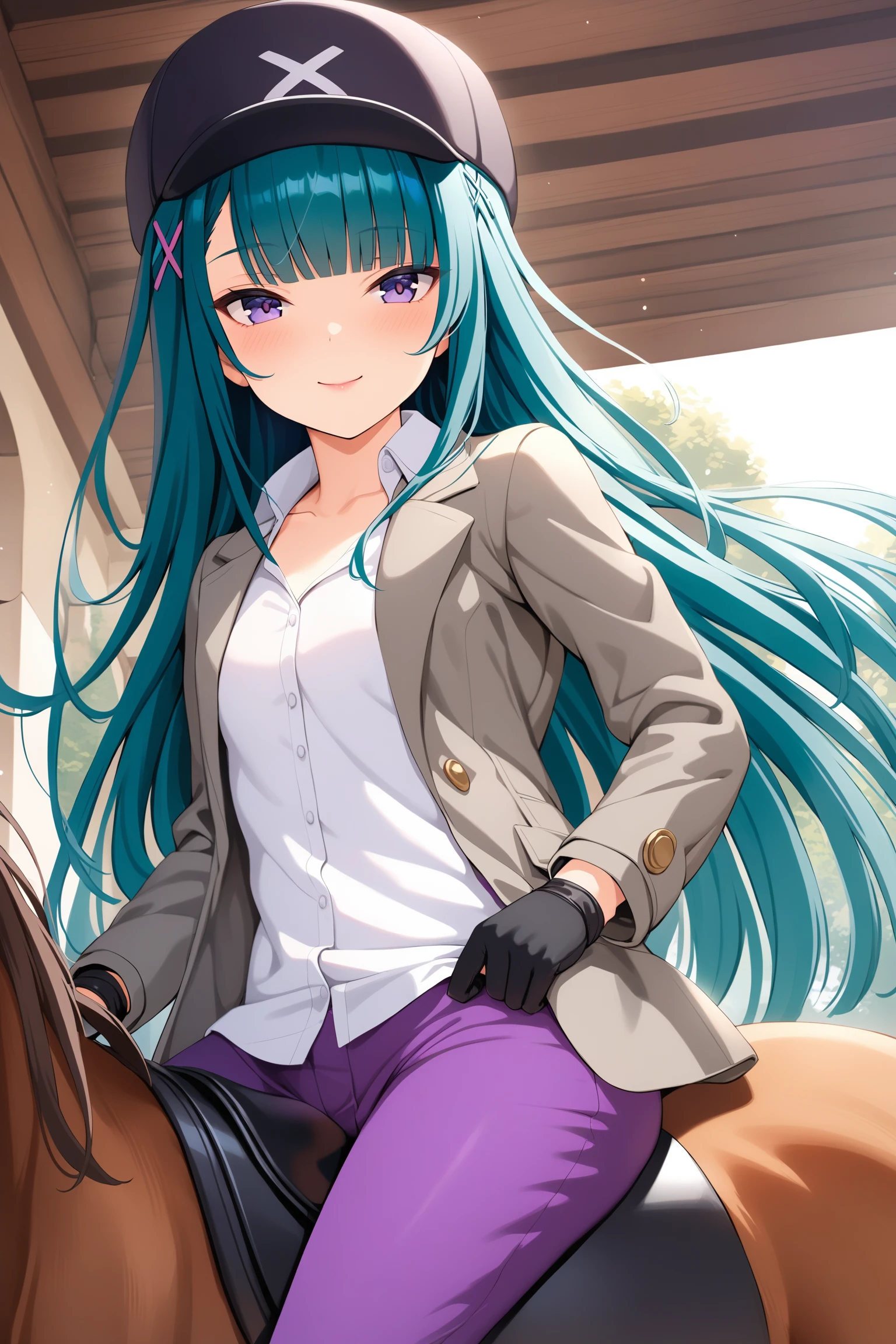 (masterpiece, best quality, very aesthetic, ultra detailed), intricate details, highly detailed background, perfect lightingbest quality, chiyouraayame, solo, outdoors, horseback riding, black headwear, aqua hair, blunt bangs, hairclip, x hair ornament, very long hair, purple eyes, small breasts, brown jacket, grey jacket, open jacket, white shirt, long sleeves, black gloves, purple pants, smile, closed mouth, :), pink lips, <lora:Chiyoura-Ayame:0.7>