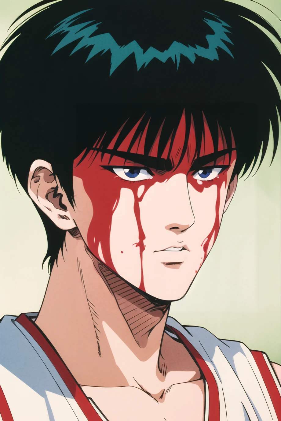 masterpiece,best quality,highres,<lora:Rukawa Kaede:0.6>,1boy,solo,Rukawa Kaede,1990s \(style\),black hair,blood on face,vest,basketball court,portrait,