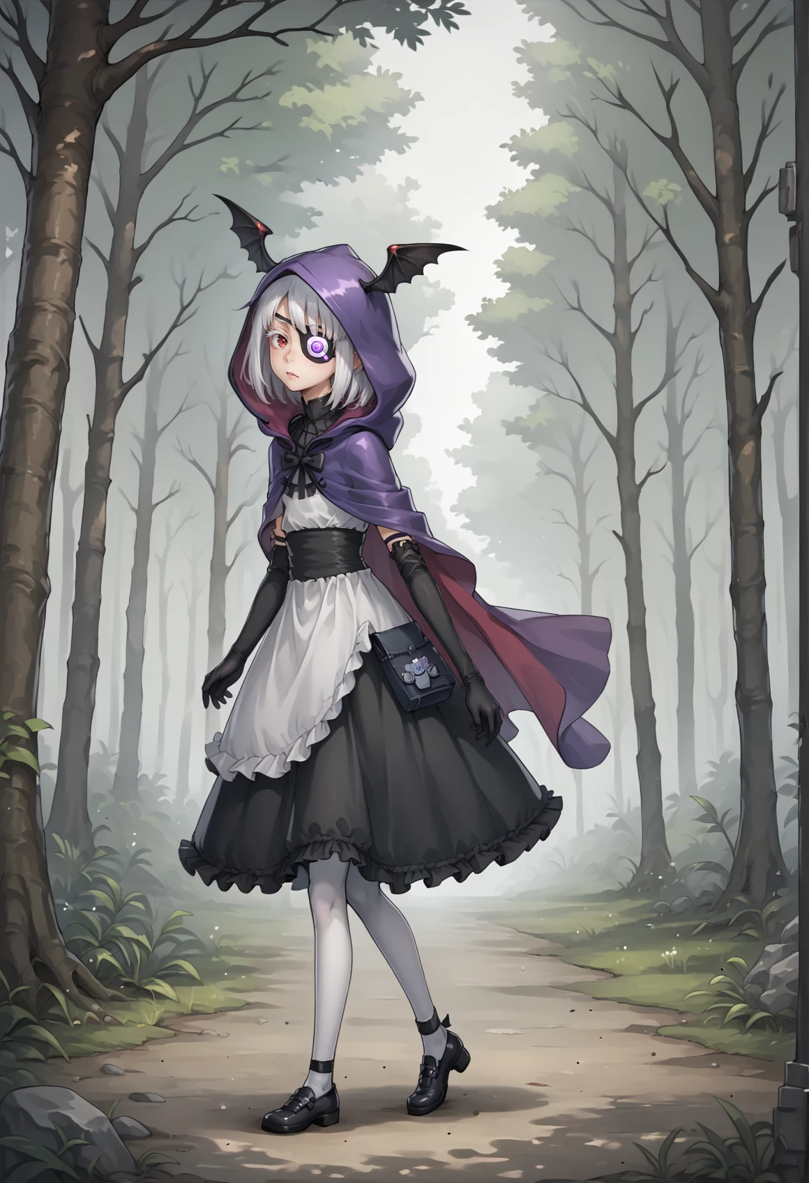 1girl, short hair, white hair, red eyes, eyepatch, colored eyelashes, white eyelashes, hood, cape, head wings, frills, frilled dress, elbow gloves, black gloves, white pantyhose, black pantyhose, black footwear, (hood up) walking, outdoors, from side, forest <lora:Milana_Eiyuden_Chronicle_XL:0.6>, score_9, score_8_up, score_7_up, score_6_up, score_5_up, score_4_up, BREAK source_anime, masterpiece