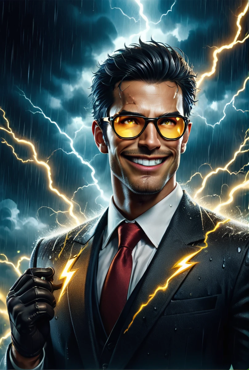 (score_9, score_8_up, score_7_up, score_6_up, score_5_up, score_4_up),
buzzdaddy, score_9, 1boy, male focus, solo, necktie, lightning, gloves, smile, facial hair, cloud, rain, glasses, black hair, grin, shirt, formal, suit, cloudy sky, sunglasses, upper body, red necktie, jacket, sky, electricity, black gloves, collared shirt,  <lora:buzzdaddy_pony_r1:0.6>