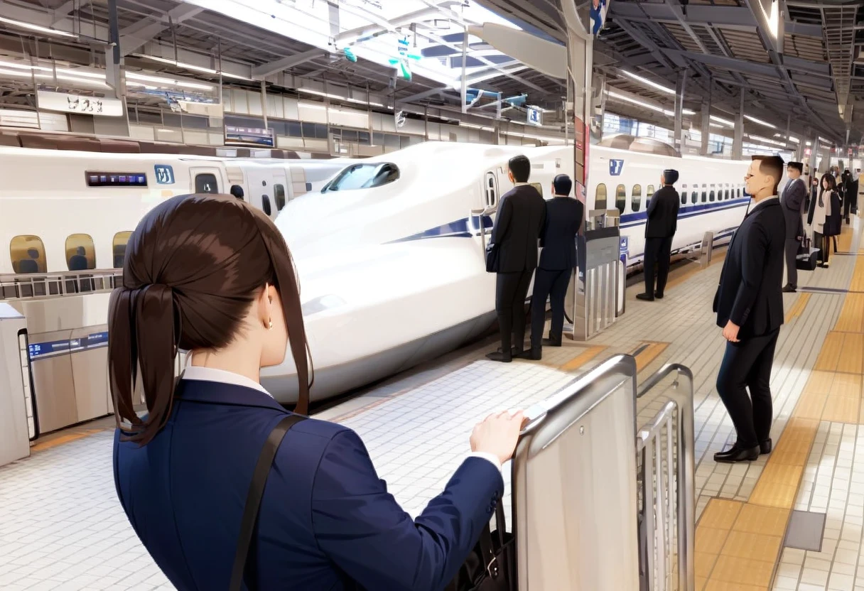 masterpiece, best quality, very aesthetic, absurdres,
shinosaka, train station, multiple girls, multiple boys, 6+boys, 6+girls, train, long hair, suit, brown hair, formal, outdoors, scenery, tile floor, real world location, sign,
N700S, train, 
<lora:shinosakaeki_platform_SDXL_V1:1> <lora:N700S_ex_SDXL_V1:1>