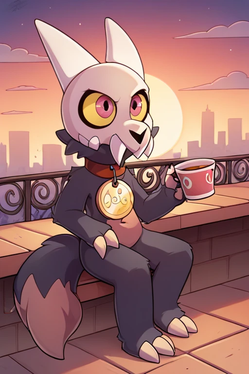 score_9, score_8_up, score_7_up, masterpiece, high quality
<lora:King ClawthornePonyLora:0.8> 1boy, skull helmet, teeth, pokemon (creature), colored sclera, red collar with circle pet tag, claws, tail, sitting in a cafe holding a cup of tea, sun set, citylights, at night