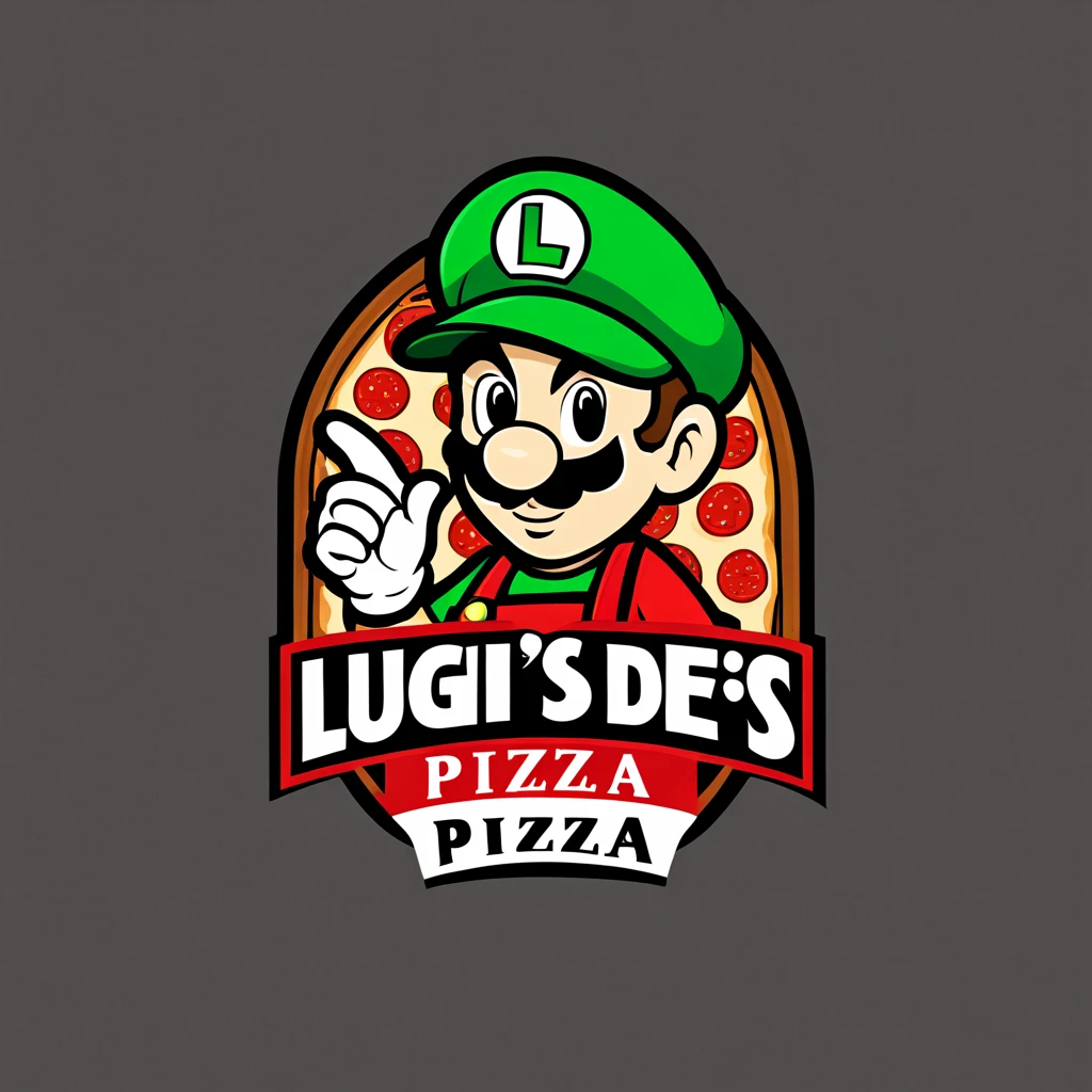 logomkrdsxl, a logo for a resturant , Luigi with pizza slice,  vector, text "Luigi's Pizza",  <lora:logomkrdsxl:1>, best quality, masterpiece, super smash bros.,