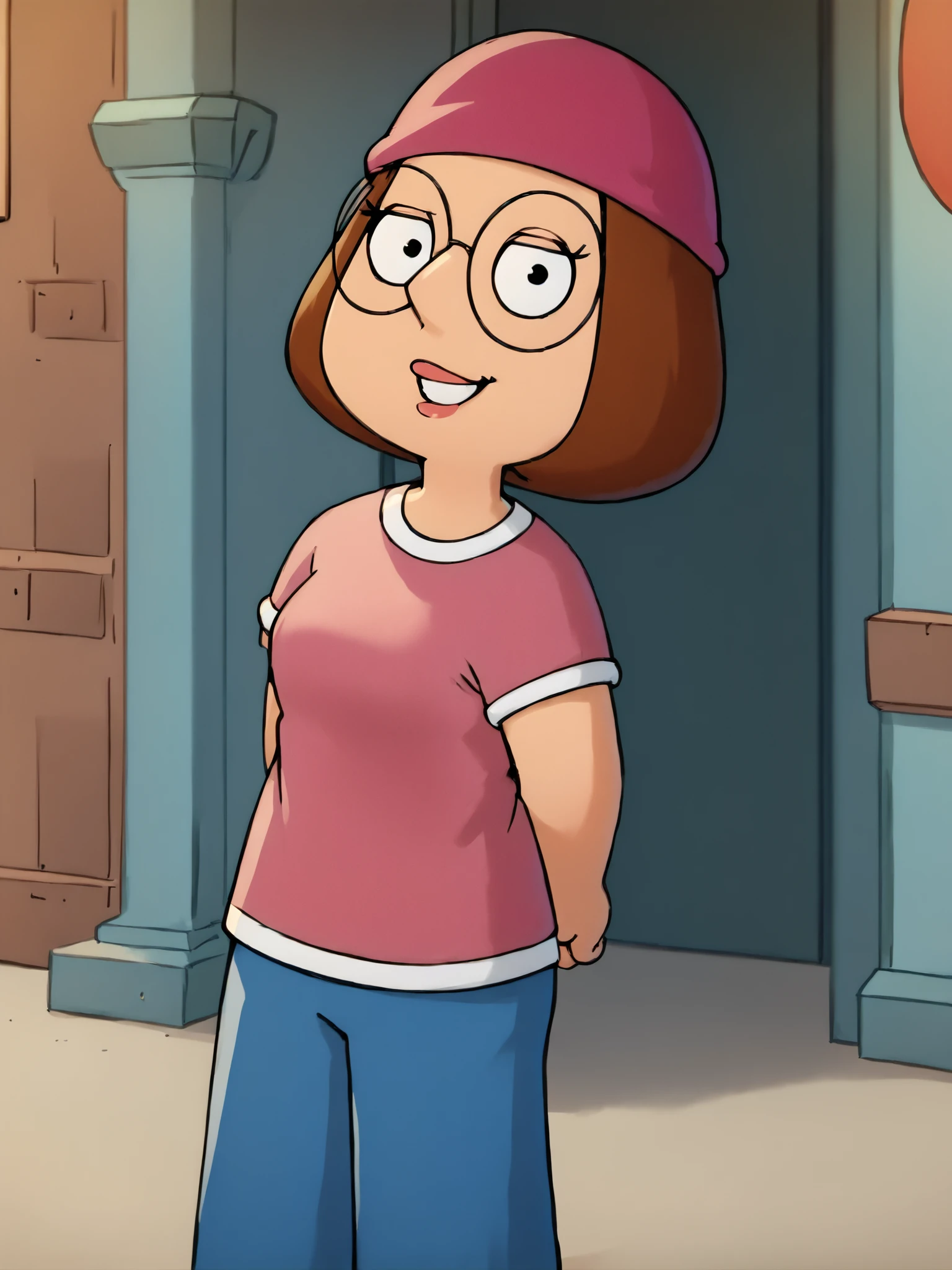 <lora:Meg_Griffin:1.0>meg, brown hair, 1girl, glasses, solo, short hair, flat color, hat, blue pants, pants, beanie, pink shirt,standing, arms behind back,  looking at viewer, smile, score_9, score_8_up, score_7_up, score_6_up, score_5_up, score_4_up