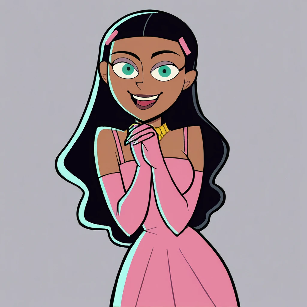 score_9, score_8_up, score_7_up, score_6_up, score_5_up, score_4_up, <lora:PaulinaDPXL:1>, paulina, 1girl, solo, long hair, smile, open mouth, hair ornament, gloves, dress, black hair, hairclip, elbow gloves, dark skin, necklace, dark-skinned female, own hands together, pink dress, own hands clasped