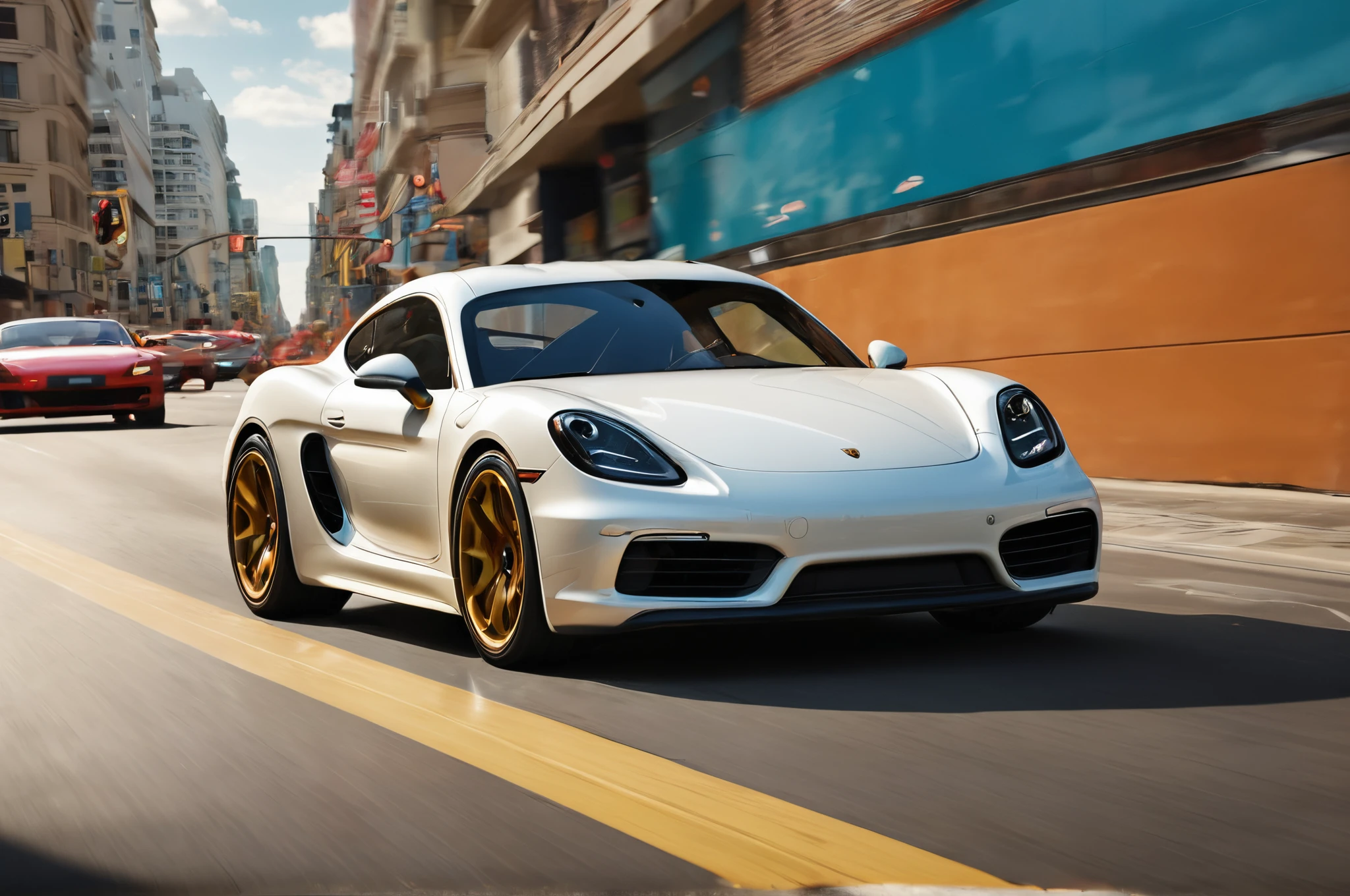 Cayman,a white Porsche Cayman sports car racing through dense traffic,crash,explosion,
t features a classic car in the foreground that appears to be in motion,dynamic pose and blurred background indicating speed. In the background,there is a stylized depiction of what looks like a futuristic highway or track,characterized by bold colors and abstract patterns that suggest a sense of movement and energy. The car has a sleek design with angular lines and a prominent rear spoiler,indicative of racing or sports car models from the 1970s or 1980s,The overall style of the image is reminiscent of pop art or modern graphic design,using vibrant colors and striking contrasts to convey its theme.,