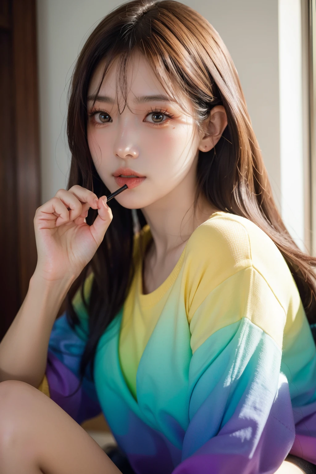 solo,1girl,facial close-up,,<lora:0522 Chinese girl_v1:1>, (photorealistic:1.4)(realistic, photo-realistic:1.4),(masterpiece, best quality:1.4),ultra high res,8k UHD,HDR,RAW,incredibly absurdres,official art,vivid colours,lens 135mm,f1.8,depth of field,cover_page,Rim lighting,magazine_cover,rim lighting,((stunning gradient colors)),
1 girl,(solo),Sit,,
