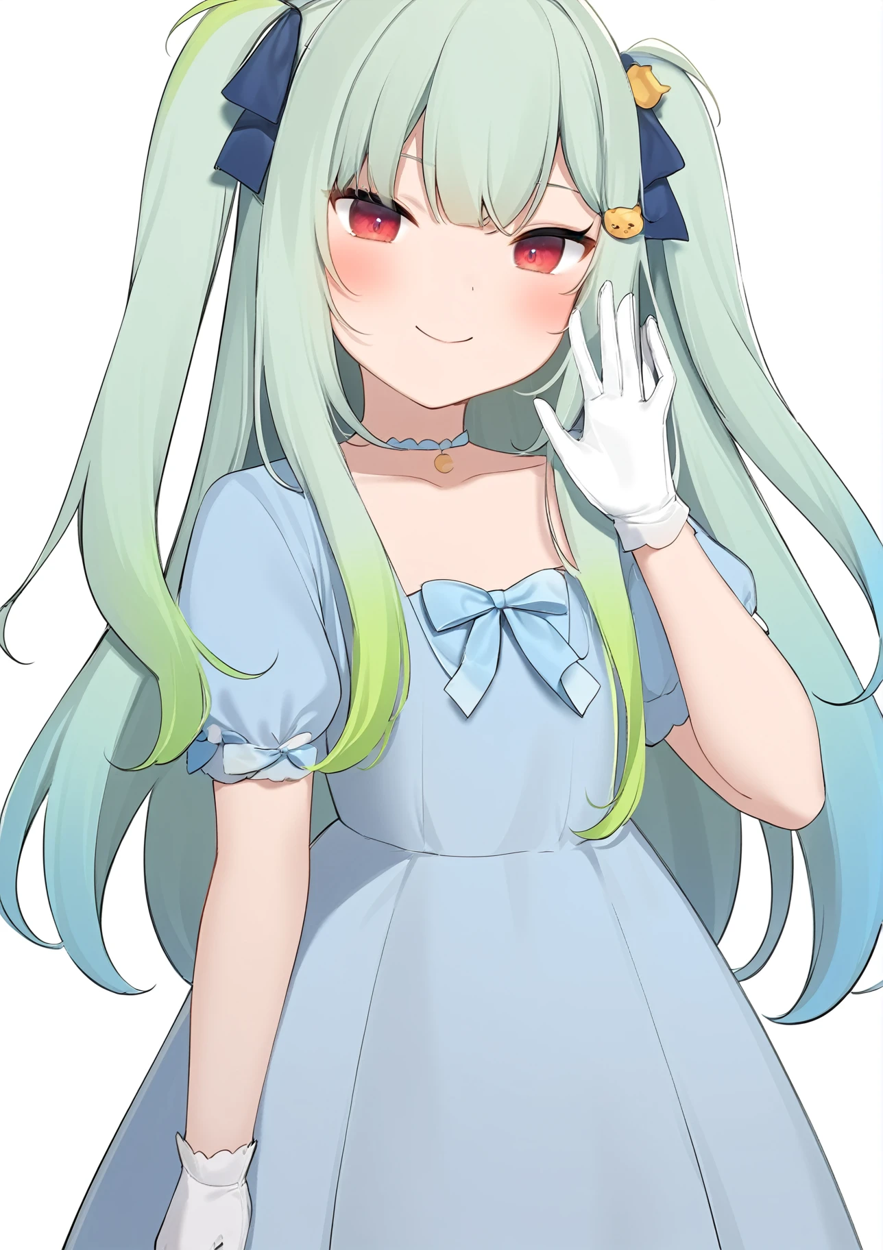 1girl,
amashiro natsuki,
puffy short sleeves, blue dress, smile, closed mouth, bow, blue ribbon, collarbone, blush, short sleeves, hair ornament, puffy sleeves, hair ribbon, red eyes, very long hair, ribbon, white background, blue bow, gradient hair, blue hair, looking at viewer, white gloves, long hair, green hair, upper body, solo, multicolored hair, virtual youtuber, gloves, simple background, character hair ornament, dress, two side up,
masterpiece, best quality, absurdres, highres, safe
<lora:amashiro_natsuki_image341_2024-03-28_a31-000030:1>