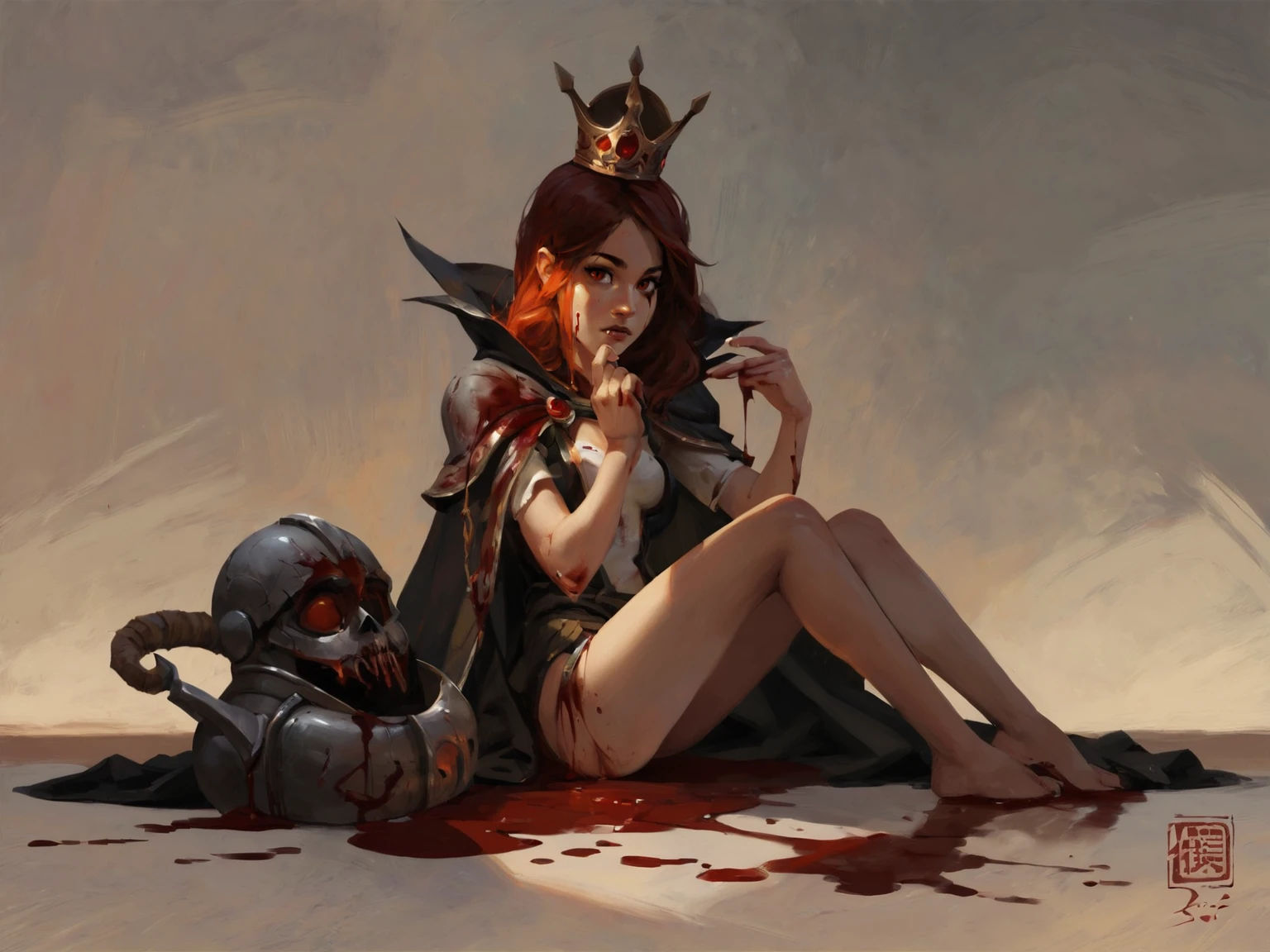 young girl, vampire, queen, helmet, cape, reclining in blood pool, red eyes, blood, red hair, long hair, hand up, solo, <lora:Kan_Liu666KXL:0.8>, BREAK score_9, score_8_up, score_7_up, score_6_up, score_5_up, score_4_up