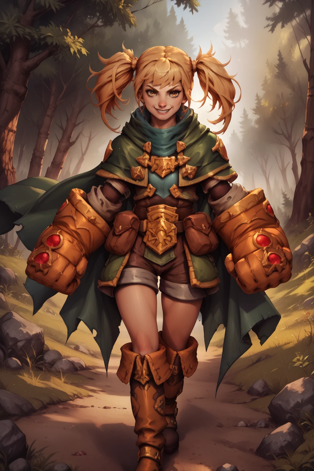 score_9, score_8_up, score_7_up, masterpiece, high quality, realistic
<lora:GullyPonyLora:0.8> 1girl, cloak, gloves, oversized limbs, belt, short hair, twintails, pouch, boots, top, shorts, clenched hands, smile, walking on a dirty path in a forest