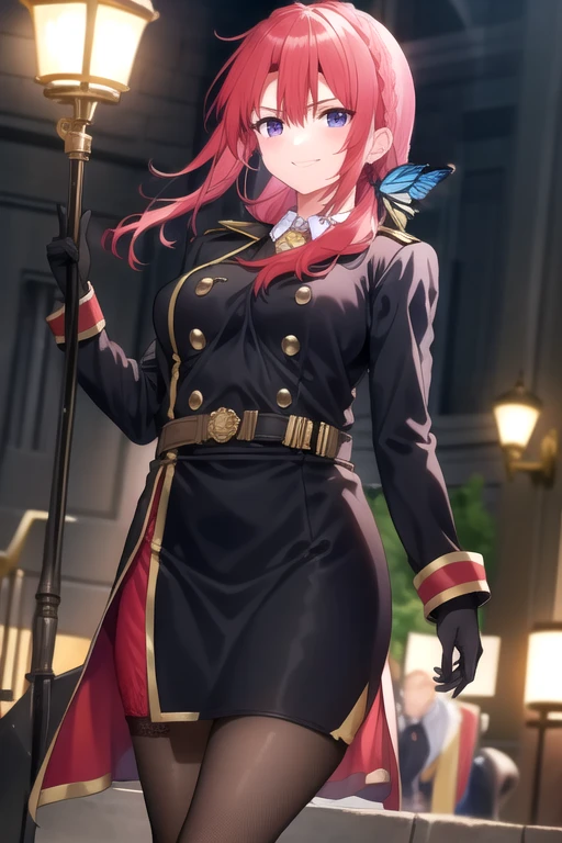 ((masterpiece)),(best quality),official art,extremely delicate and beautiful,extremely detailed CG,unity 8k wallpaper,ultra detailed,beautiful detailed eyes,extremely detailed face,outdoors,1girl,solo,cowboy shot,looking at viewer,facing viewer,smile,Eve Ignite,long hair,red hair,braided ponytail,side ponytail,shiny hair,floating hair,crown braid,butterfly hair ornament,blue butterfly,hair between eyes,bangs,purple eyes,military uniform,black coat,double-breasted,jewelry,white shirt,collared shirt,pumps,large breasts,long sleeves,black gloves,belt,pencil skirt,miniskirt,red skirt,pencil skirt,lace trim,fishnet pantyhose,black pantyhose,high heels,red footwear,<lora:Eve Ignite(arobmi)>,