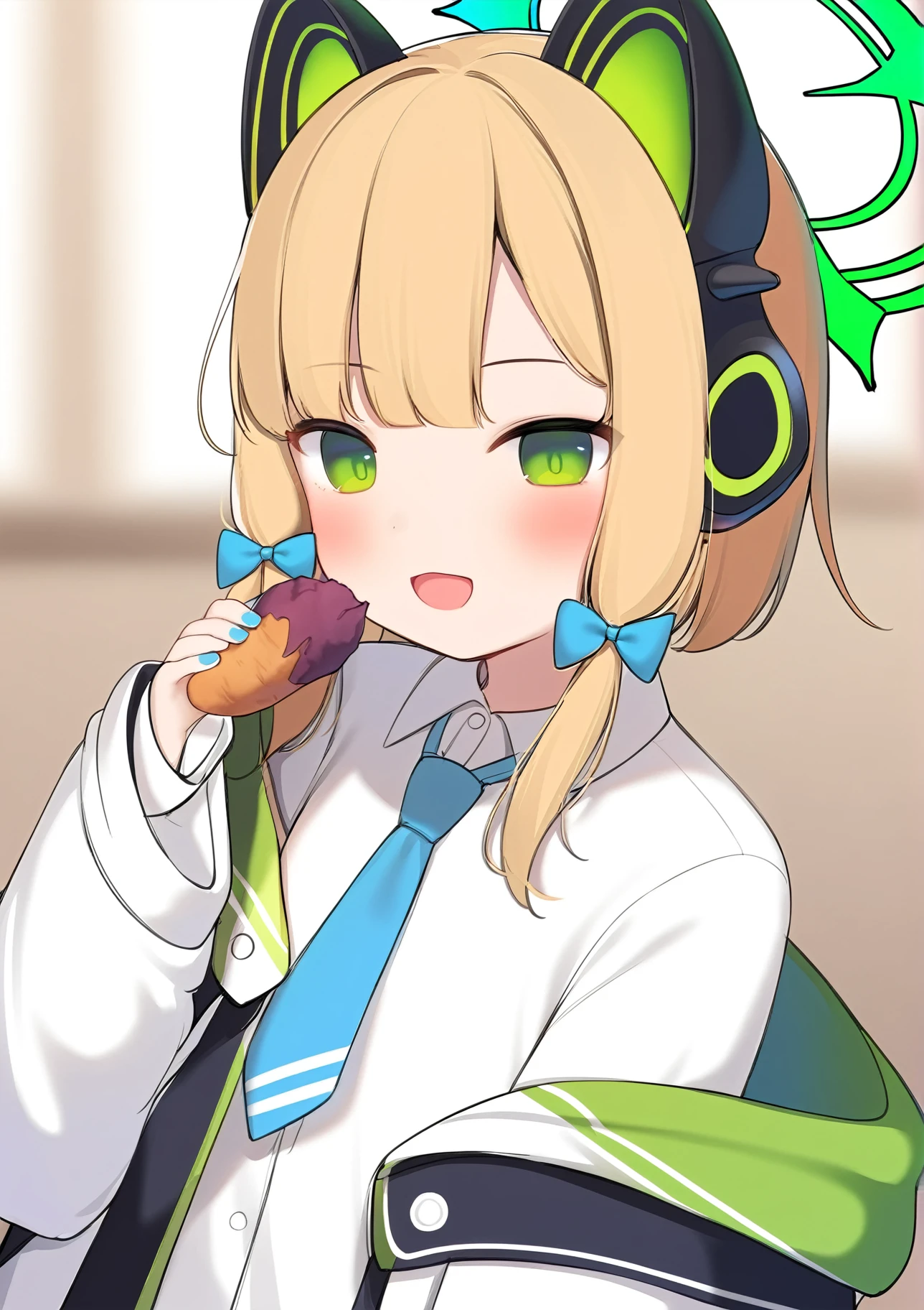 1girl,
midori \(blue archive\), blue archive,
amashiro natsuki,
holding food, holding, hooded jacket, food, sidelocks, :d, collared shirt, blurry, long sleeves, puffy sleeves, headphones, blue bow, hand up, necktie, upper body, halo, looking at viewer, jacket, sleeves past wrists, blush, nail polish, blue necktie, animal ear headphones, blurry background, blonde hair, shirt, green eyes, hood down, open clothes, depth of field, hood, smile, white jacket, fake animal ears, bow, puffy long sleeves, open jacket, solo, dress shirt, animal ears, white shirt, blue nails, hair bow, long hair, drawstring, sweet potato,
masterpiece, best quality, absurdres, highres, safe
<lora:amashiro_natsuki_image341_2024-03-28_a31-000030:1>
