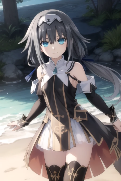 ((masterpiece)),(best quality),official art,extremely delicate and beautiful,extremely detailed CG,unity 8k wallpaper,ultra detailed,beautiful detailed eyes,extremely detailed face,outdoors,1girl,solo,cowboy shot,looking at viewer,facing viewer,smile,Nibelcole,very long hair,black hair,multicolored hair,low twintails,headband,white hairband,hair ribbon,black ribbon,hair bow,sidelocks,hair between eyes,bangs,aqua eyes,glowing eyes,bare shoulders,collarbone,black dress,sleeveless dress,black ribbon,small breasts,detached sleeves,long sleeves,white skirt,see-through,zettai ryouiki,black thighhighs,thigh boots,cross-laced footwear,black footwear,<lora:Nibelcole(dal)>,<lora:TSNeptunia-000045:0.5>,