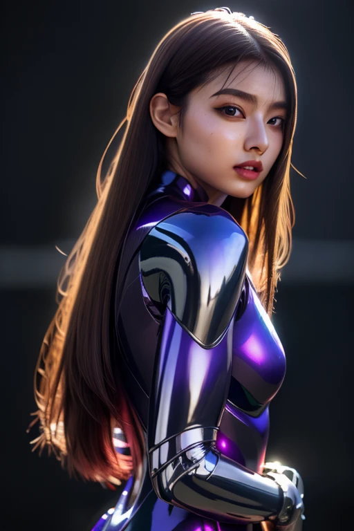 Top Quality, Masterpiece, Ultra High Resolution, (Photorealistic: 1.4), Raw Photo, 1 Girl, Black Hair, Glossy Skin, 1 Mechanical Girl, (Ultra Realistic Detail)), Portrait, Global Illumination, Shadows, Octane Rendering, 8K, Ultra Sharp, Big, Cleavage Exposed Raw Skin, Metal, Intricate Ornament Details, Japan Details, Very intricate details, realistic light, CGSoation trend, purple eyes, glowing eyes, facing the camera, neon details, mechanical limbs, blood vessels connected to the tube, mechanical vertebrae attached to the back, mechanical cervical attachment to the neck, sitting, wires and cables connecting to the head, gundam, small LED lamps,