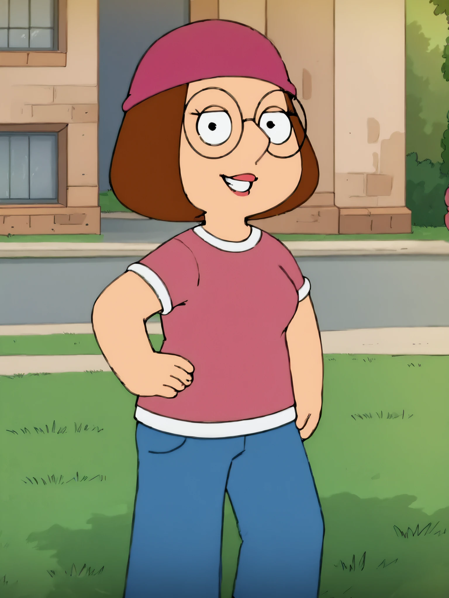 <lora:Meg_Griffin:1>meg, brown hair, 1girl, glasses, solo, short hair, flat color, hat, blue pants, pants, beanie, pink shirt,standing,outdoors, hand on own hip, upper body, outdoors,  looking at viewer, smile,, score_9, score_8_up, score_7_up, score_6_up, score_5_up, score_4_up