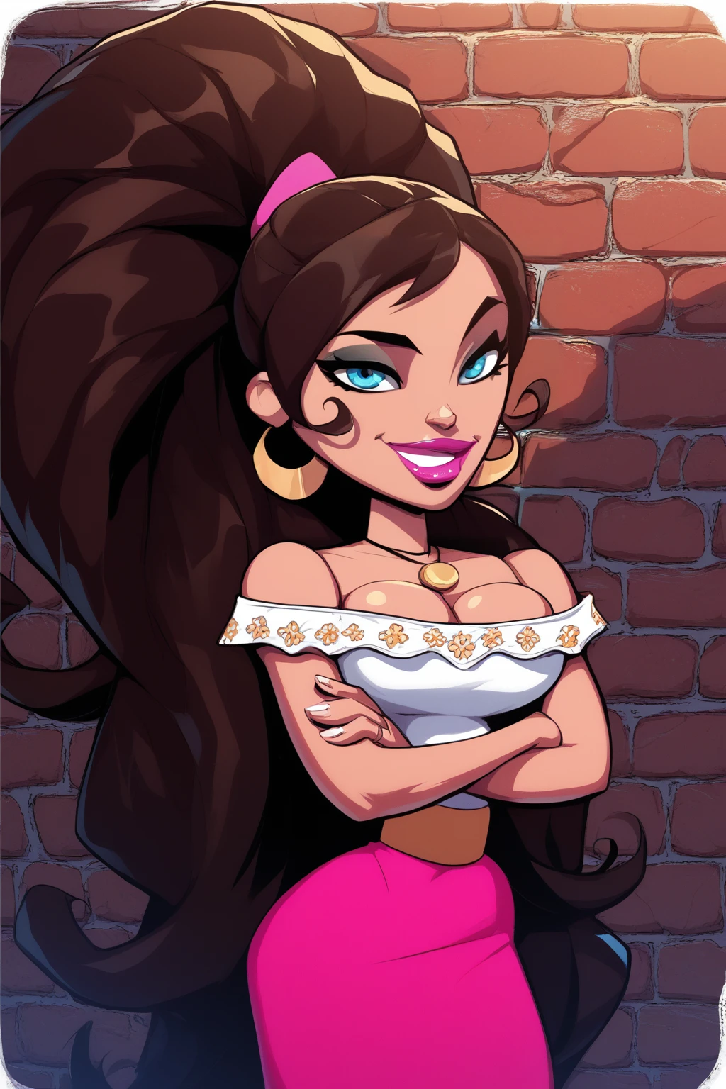 score_9, score_8_up, score_7_up, masterpiece, high quality source_comic
<lora:Maria PosadaPonyLora:0.8> 1girl, very long hair, ponytail, necklace, joints, dress, cleavage, bare shoulders, off shoulder, standing in a dark alley in a dirty city, leaning with hand on a wall, bricks, old poster on wall. smirk
<lora:CherryMouseStreetStylePonyLyco:1> 1girl, lipstick, uncensored, makeup, nose, lips, solo