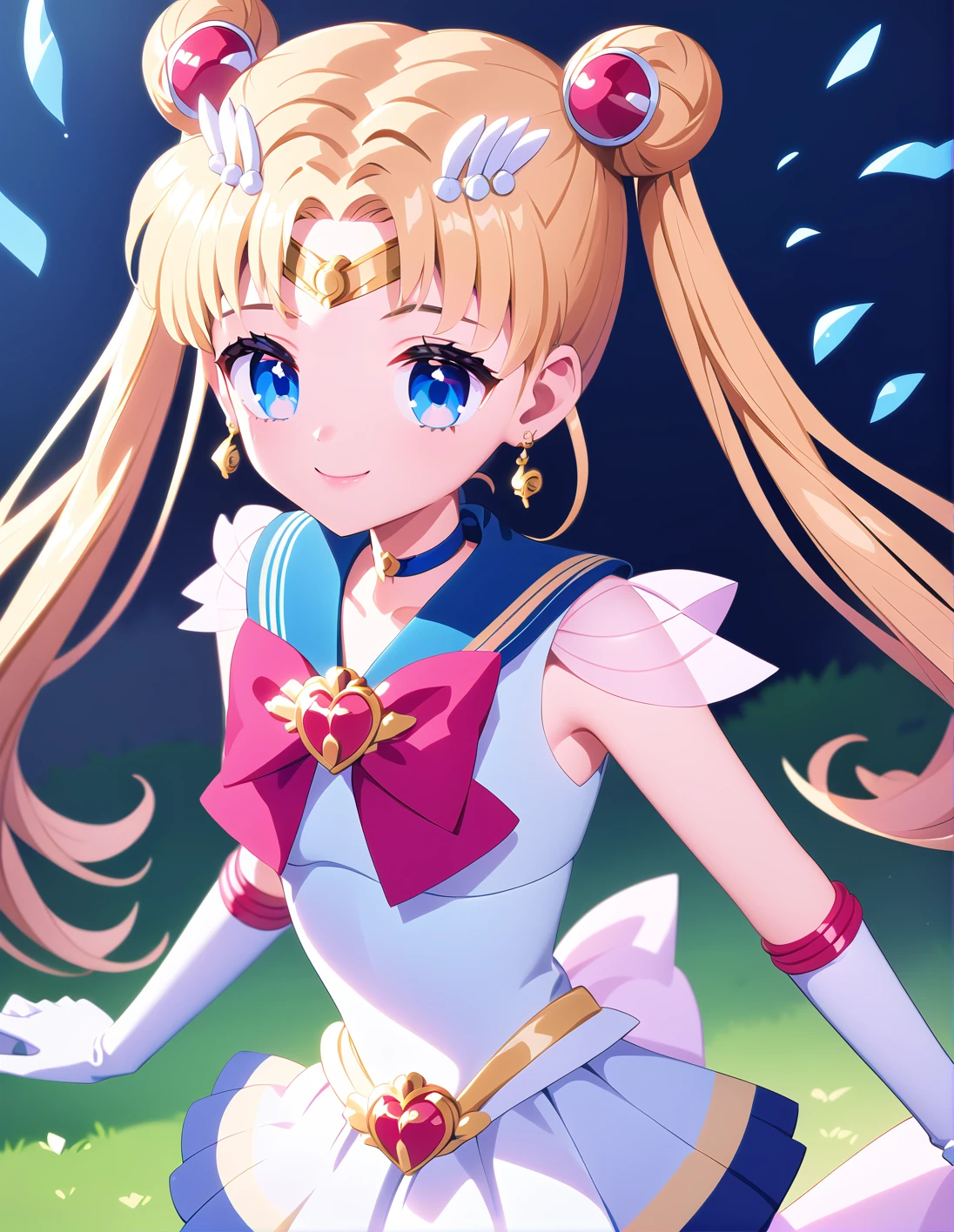 score_9, score_8_up, score_7_up, best quality, masterpiece, 4k, uncensored, prefect lighting, rating_explicit, very aesthetic, anime ,absurdres ,1girl, solo,<lora:sdxl-supersailormoon-ponyDiffusionV6XL-AdamW8bit-v1-2-1-000018:1>, supersailormoon, double bun, twintails, circlet, earrings, choker, bow, gloves, miniskirt, A girl standing smiling