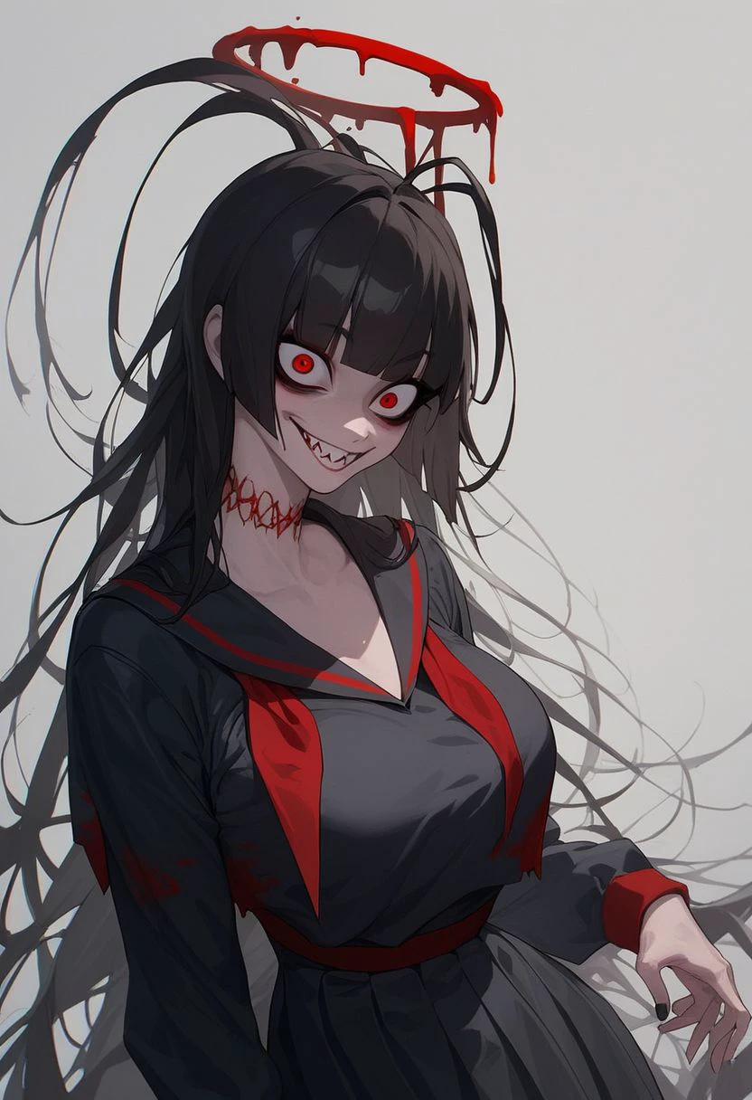 score_9, score_8_up,score_7_up, score_6_up, score_5_up, 
tsurugi, blue archive, neck tatto,halo, red eyes, hair eye shadow, wing, thorny wing,featherless wing, bloody halo,sharp teeth, evil facial expression,black dress, bloody black dress, loose shirt, black serafuku, antena hair, red neckerchief, blunt bangs, black nails, sexy, big breast, big ass ,narrow waist,