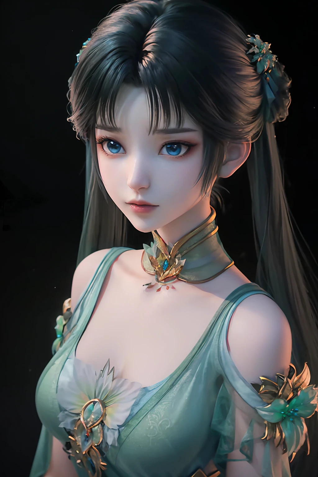 <lora:biyao>,biyao,1girl,solo,dress,twintails,black hair,upper body,hair ornament,long hair,Emerald,looking at viewer,jewelry,clothing cutout,blue dress,simple background,blue eyes,hair bun,earrings,shoulder cutout,double bun,(black background:1.2),(from_above:1.2),, best quality , masterpiece, illustration, an extremely delicate and beautiful, extremely detailed ,CG,unity,8k wallpaper, Amazing, finely detail, masterpiece, best quality,official art,extremely detailed CG unity 8k wallpaper,absurdres, incredibly absurdres, huge filesize , ultra-detailed, highres, extremely detailed,beautiful detailed girl, extremely detailed eyes and face, beautiful detailed eyes,light on face,