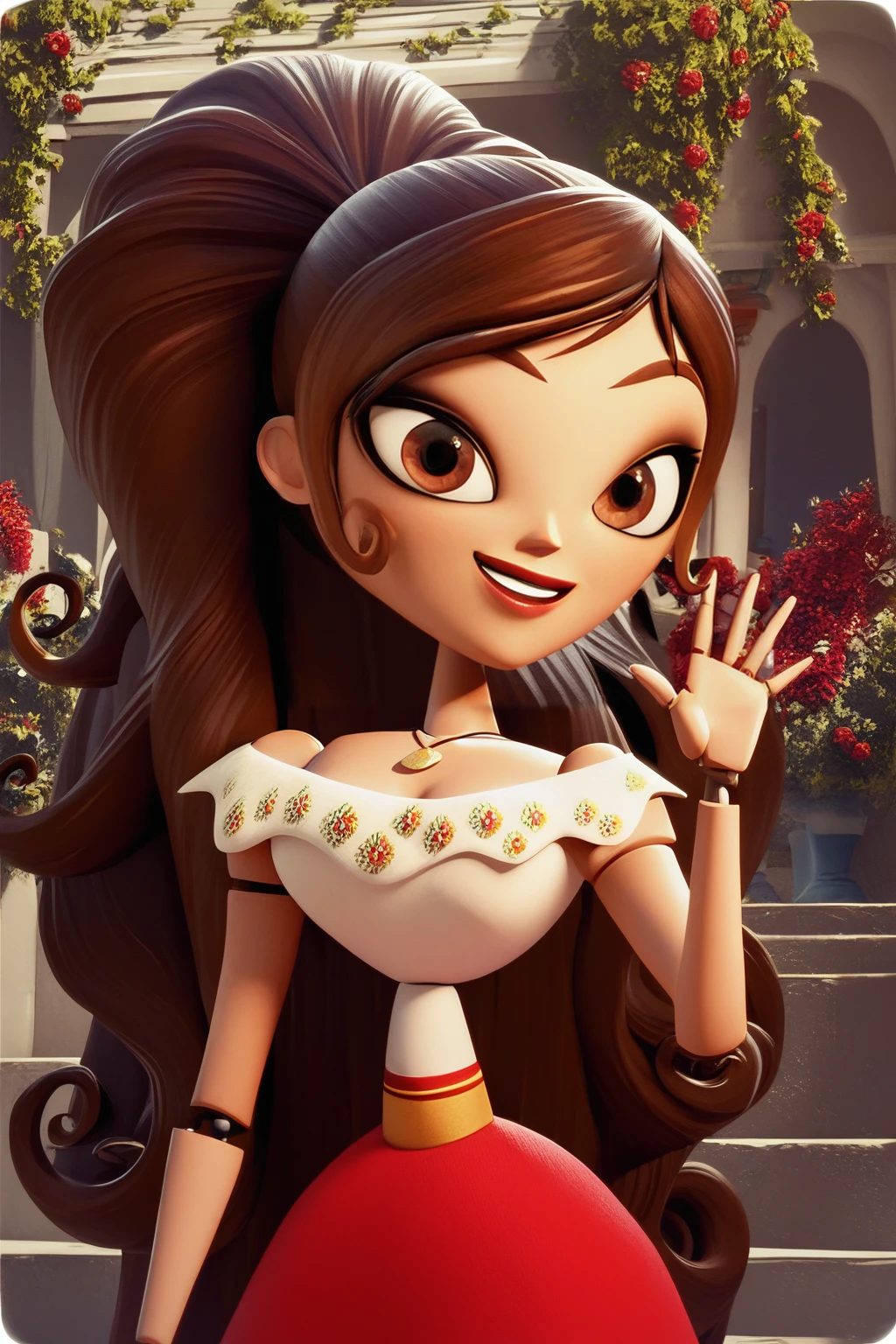 score_9, score_8_up, score_7_up, masterpiece, high quality
<lora:Maria PosadaPonyLora:1> 1girl, very long hair, ponytail, necklace, joints, dress, cleavage, bare shoulders, off shoulder, standing in a small vilage in spain, waving with hand, smile