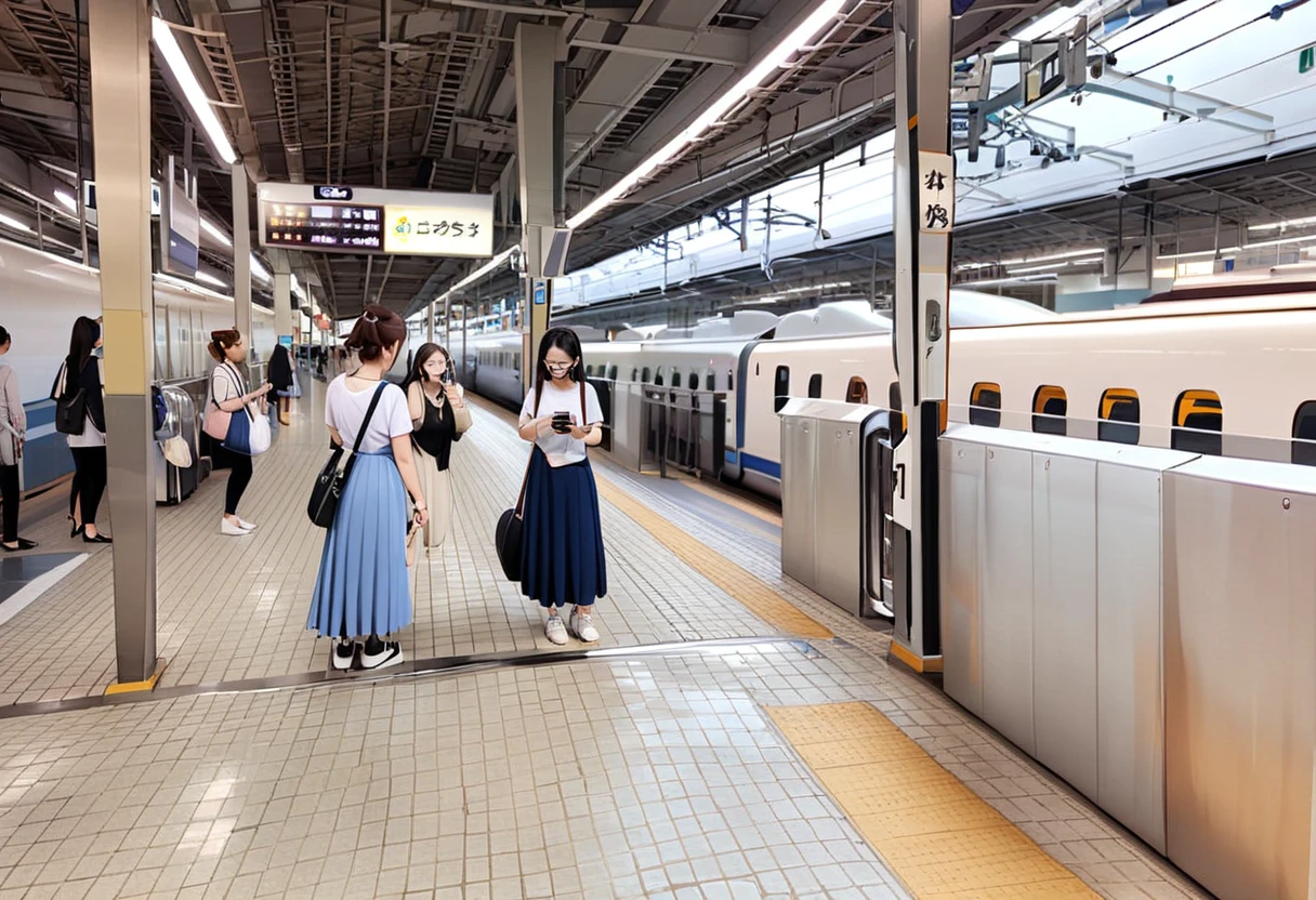 masterpiece, best quality, very aesthetic, absurdres,
shinosaka, multiple girls, train station, bag, shirt, blue skirt, skirt, white shirt, phone, holding phone, long skirt, black bag, pants, 3girls, black hair, holding, cellphone, short hair, black pants, backpack, white footwear, shoes, photo background, shoulder bag, ponytail, train, standing, short sleeves, wide shot, smartphone, short ponytail, brown hair, looking at phone, black footwear, scenery, tile floor, real world location, railroad tracks, sign, outdoors
<lora:shinosakaeki_platform_SDXL_V1:1>