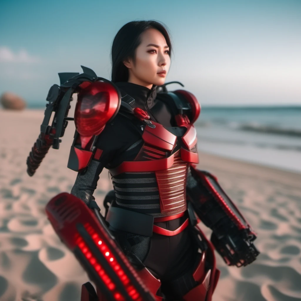 cinematic photo a full body asian woman wears a red and black futuristic light armor, beach background <lora:Exosuit1024:0.9> . 35mm photograph, film, bokeh, professional, 4k, highly detailed