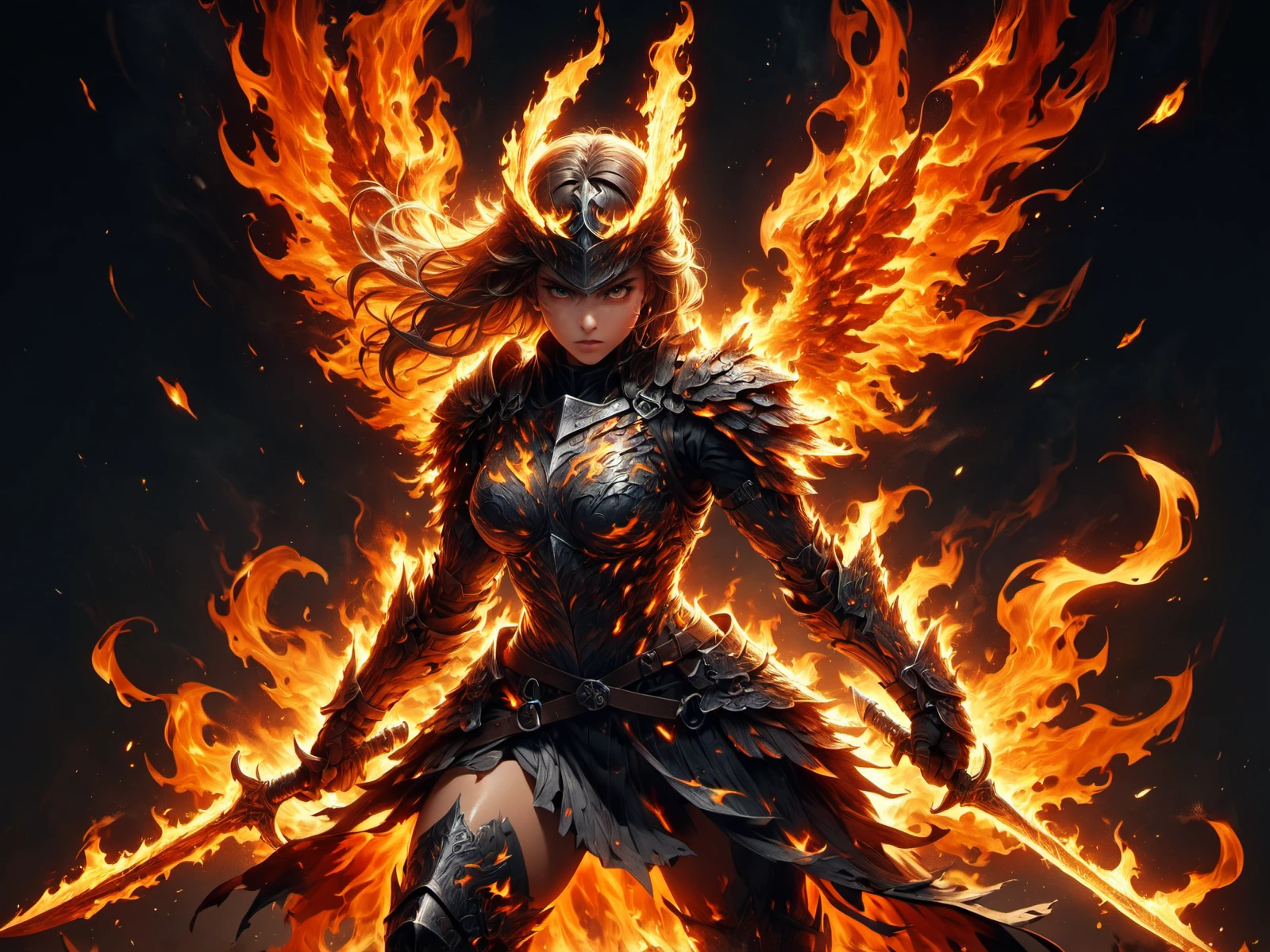 female knight wing made of mad-flames, holding weapon,  fighting stance, cinematic shot <lora:Flames_SDXL:0.8>, (masterpiece:1.2), best quality, (hyperdetailed, highest detailed:1.2), high resolution textures