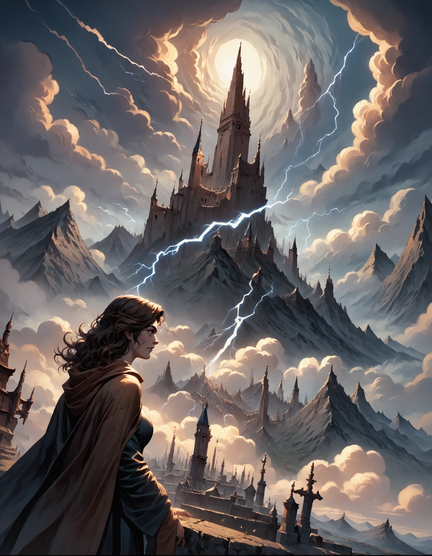 score_9, score_8_up, score_7_up, score_6_up, score_5_up, score_4_up, 1girl, large breasts, brown hair, cloud, cloak, robe, mountain, fantasy, castle, lightning, specular highlights, specular reflection, cinematic angle, dall3pnyxl , <lora:Dalle3CmcPnyXL:1>