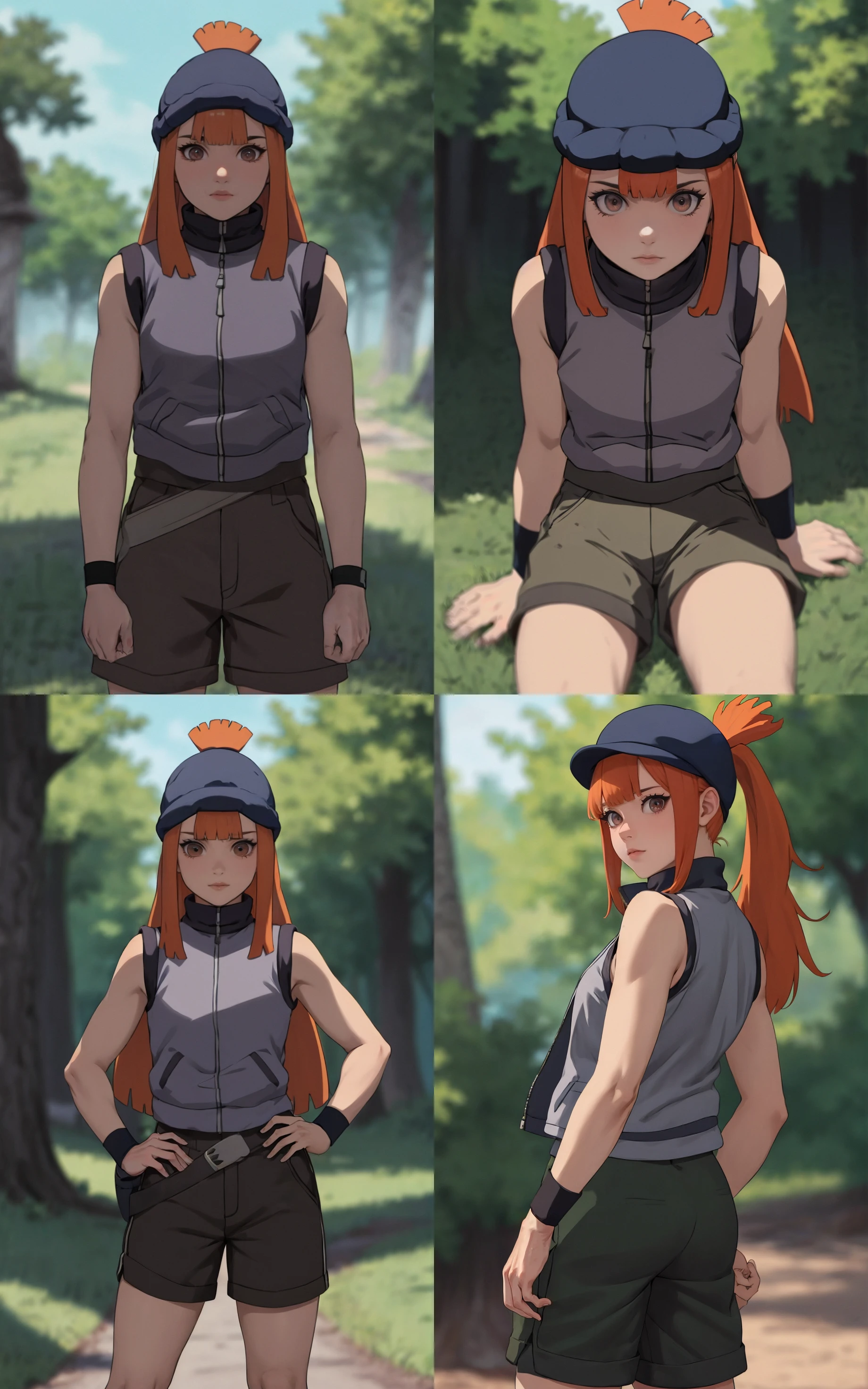 ((masterpiece, best quality)), insaneres, absurdres, solo, vanishing point,
NARUTO_Kunoichi_Sasame_ownwaifu,
1girl, long hair, orange hair, blunt bangs, hat, brown eyes, sidelocks, blue headwear, ponytail, topknot,
sleeveless, vest, shorts, bare shoulders, jacket, turtleneck, bare arms, bike shorts, black shorts, grey shirt, sleeveless shirt, wristband,
{(portrait, straight-on)<lora:NARUTO_Kunoichi_Sasame_ownwaifu:1>|(from above, sitting)<lora:NARUTO_Kunoichi_Sasame_ownwaifu:0.9>|(contrapposto, hand on hip)<lora:NARUTO_Kunoichi_Sasame_ownwaifu:0.85>|(contrapposto, looking back)<lora:NARUTO_Kunoichi_Sasame_ownwaifu:0.75>},
outdoors, lens flare, depth of field, bokeh, embers, looking at viewer,