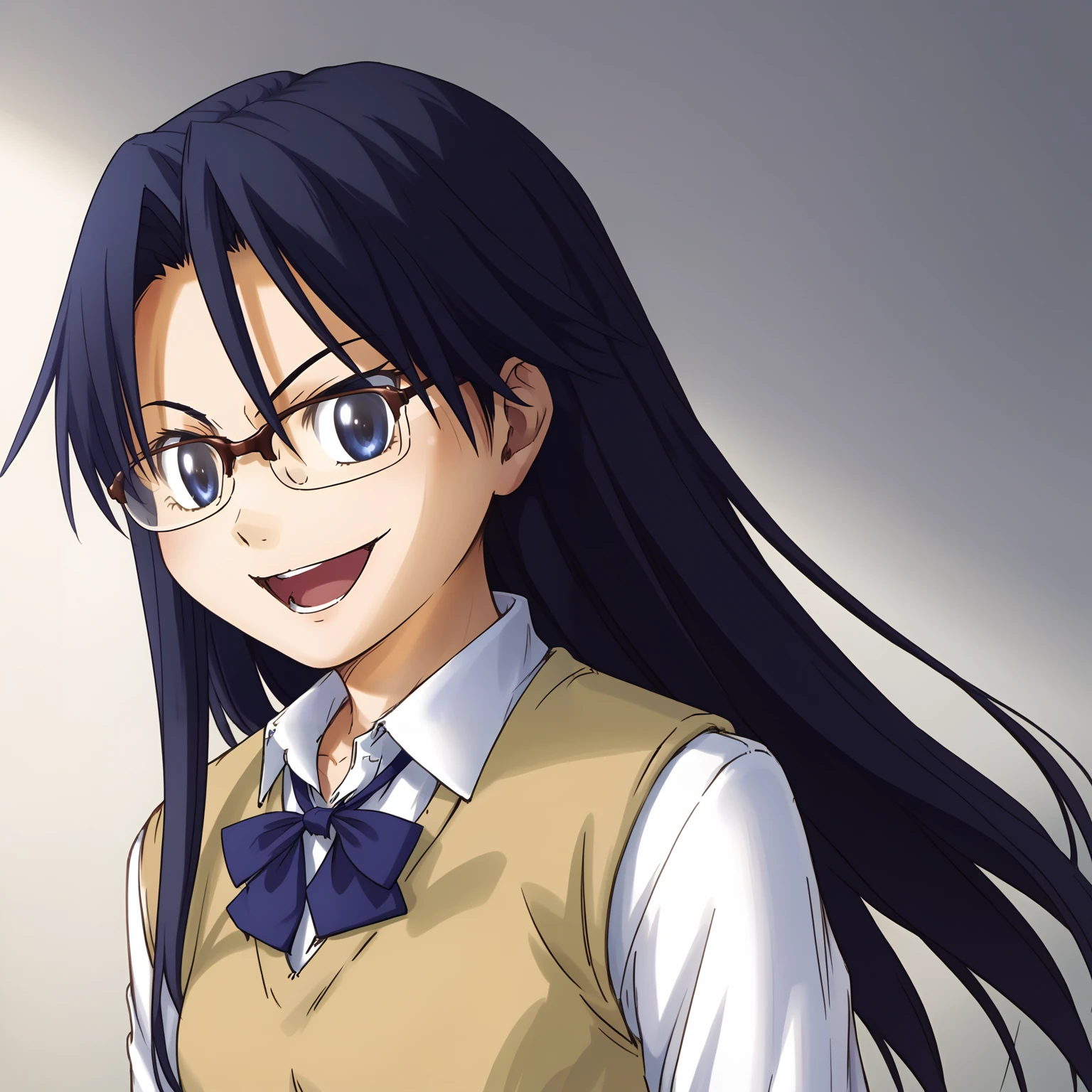 <lora:DEKOBOKOXLpony003>,smile,open mouth,
solo,
Yuki,1girl,dark blue hair,long hair,dark blue eyes,eyewear,
collared_shirt,sweater_vest,ribbon tie,