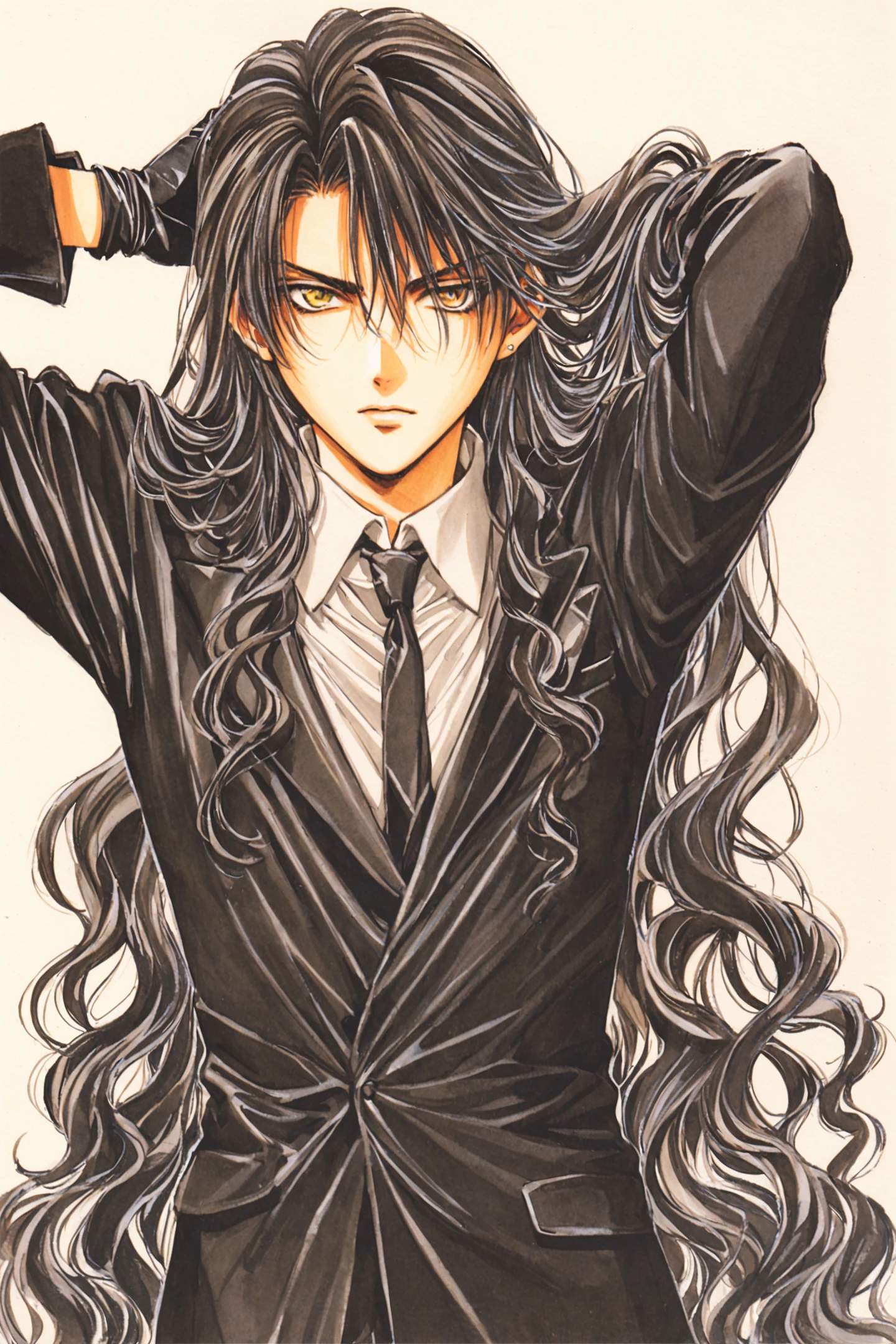 solo,long hair,gloves,1boy,male focus,white background,wavy hair,looking at viewer,formal,simple background,black gloves,coat,yellow eyes,long sleeves,black coat,very long hair,shirt,suit,traditional media,<lora:Yuki Kaori_XL:0.8>,