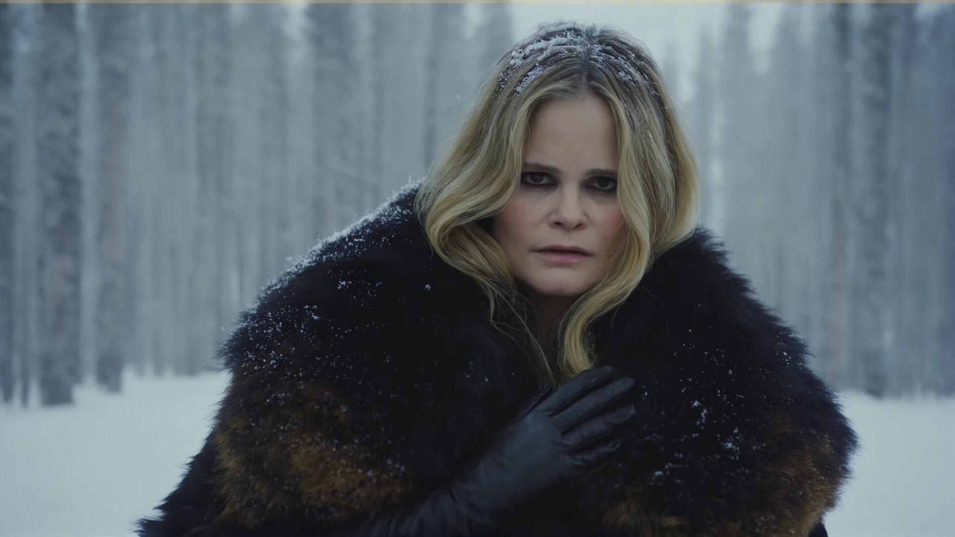 <lora:The Hateful Eight film style:0.9>
<lora:detailed:0.5>
<lora:perfection style:0.5>
<lora:Chiaroscuro Lighting Style:0.3>
In 1870,A Western film,Cinematic Kodak picture of Jennifer Jason Leigh a woman with a black eye and a fur coat,1girl,solo,blonde hair,gloves,coat,fur trim,blood ,The Hateful Eight film style