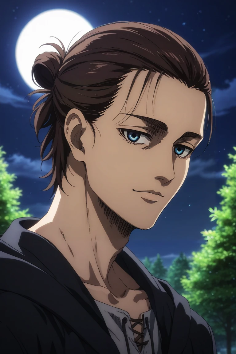 score_9, score_8_up, score_7_up, source_anime, rating_safe, intricate details, semi-realistic, looking at viewer, depth of field, 1boy, solo, male focus, <lora:eren_yeager_s4_pony:0.9>, eren_yeager_s4, brown hair, blue eyes, short hair, hair bun, single hair bun, , upper body, energy plant, night, full moon, legs together, half-closed eyes, smile, , <lora:sdxl_lightning_8step_lora:1>