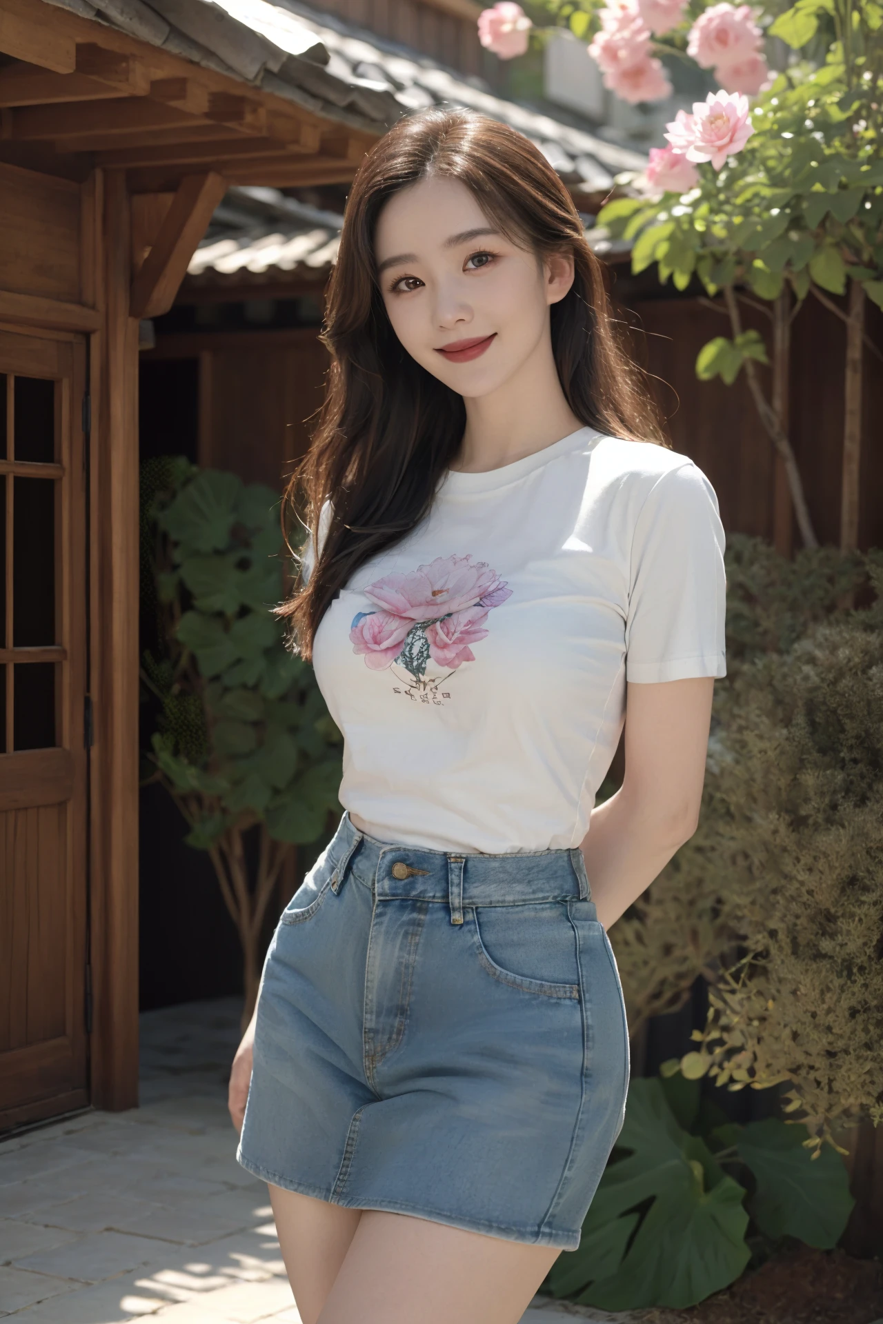 (4k, best quality, highres, absurdres, masterpiece:1.21), (realistic:1.331), detailed and intricate,
cinema light, (authentic skin texture:1.3),
1girl, perfect body, medium breasts, shiny skin,
light smile, arms behind back,
t-shirt, denim skirt, tight clothes, tight-fitting,
courtyard, flower, petals, lotus, wooden house, stone,
<lora:add_detail:0.3>, <lora:girlslike_lss8:0.7>