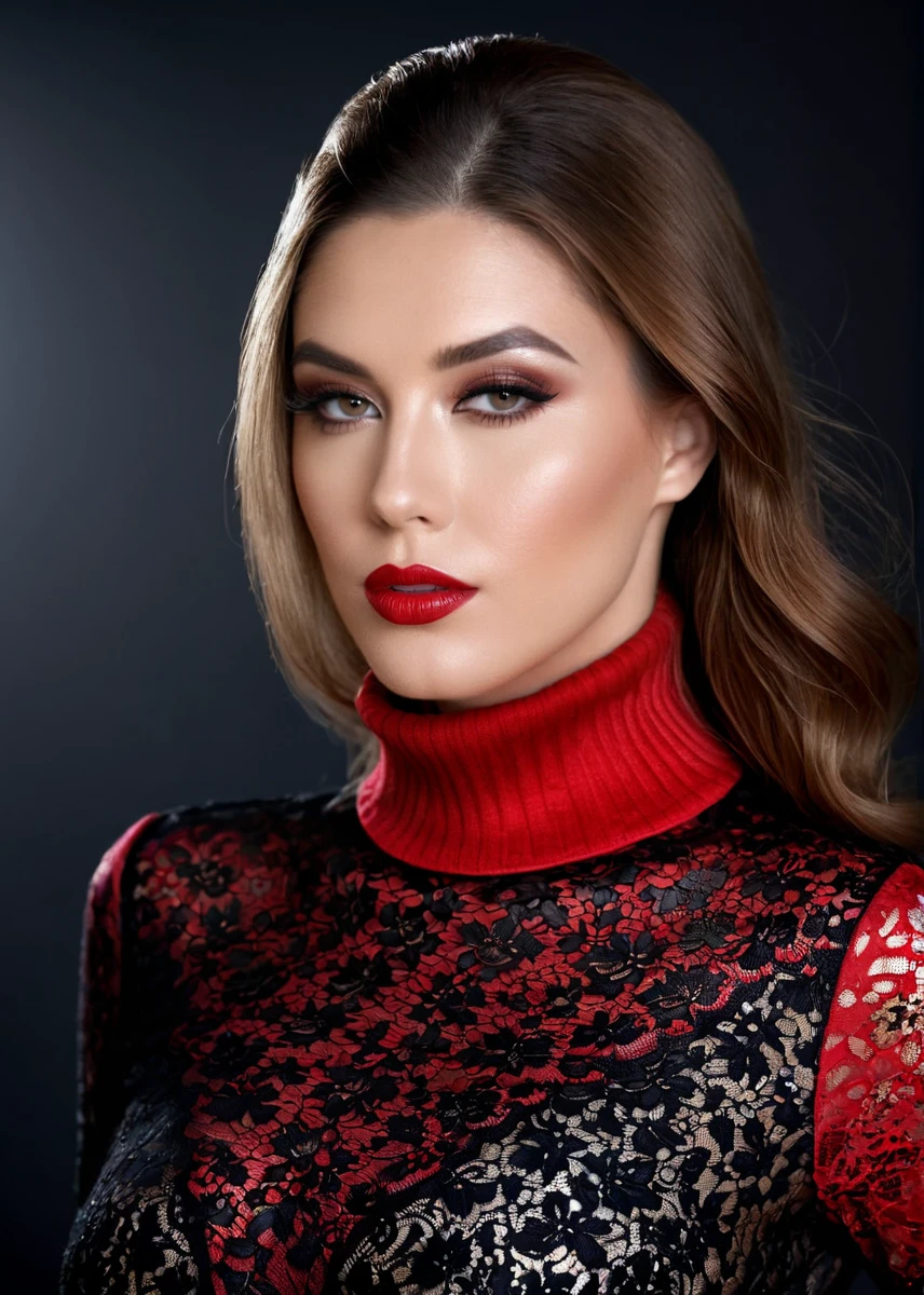 fashion editorial style, (((full body))) of A captivating masterpiece of an woman, (((dressed in a red turtleneck Blouse))), open hair, The intricate lace and gold details exude a very rebellious aura. ((A bold and daring makeup look featuring ombre lips that transition from a deep, dark red at the center to a glossy black at the outer edges. The lips are expertly lined and filled in with precision, creating a gradient effect that is both edgy and sophisticated)). ((The use of high-shine gloss adds a touch of glamour and dimension to the look)), ((while the deep red and black hues give it a dramatic, vampy vibe)), low-key photography:1.3, one rim side light, narrow lighting, only one light source, facing camera, shallow depth of field, high fashion, trendy, stylish, editorial, magazine style, professional, highly detailed, 8K, <lora:MS_SaraStone_V1_SDXL:0.8>