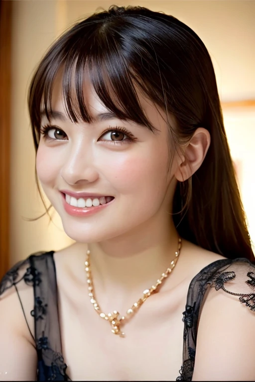 (masterpiece, best quality:1.4), 8k, highres, shiny skin, lips, super detailed skin, detailed beautiful face and eyes, bangs, parted lips, black hair, grin, makeup, (necklace, jewelry:0.8),
(black see-through, dress), (from below), lips, brown eyes, medium breast, (natural pose:1.2), kooo123, <lora:hashiOOsan_v2:0.8>