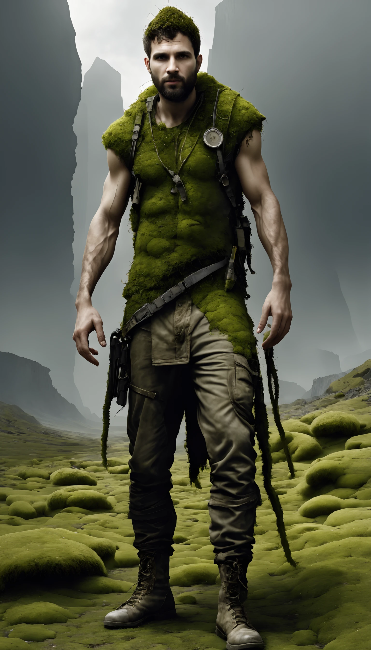 <lora:mosscoveredXL:1>moss, man clothes in location: post-apocalypse, (Masterpiece:1.3) (best quality:1.2) (high quality:1.1)