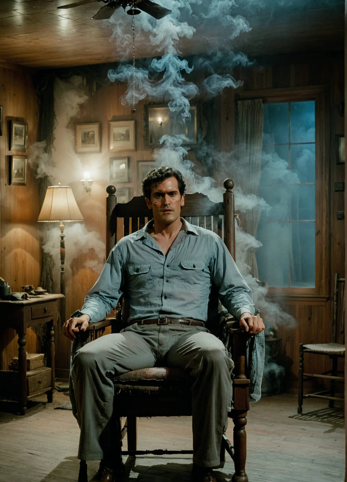 a photo of a ashwll man wearing shirt and pants sitting in a chair inside a cabin,cinematic,volumetric fog,film grain