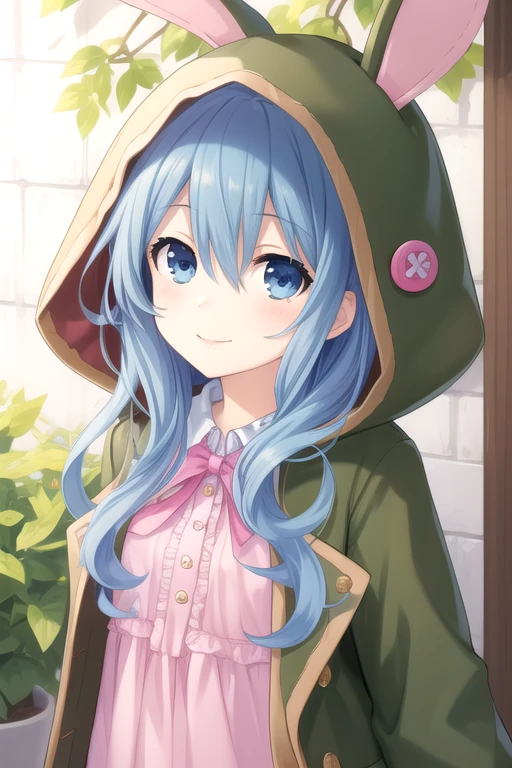 ((masterpiece)),(best quality),official art,extremely delicate and beautiful,extremely detailed CG,unity 8k wallpaper,ultra detailed,beautiful detailed eyes,extremely detailed face,outdoors,1girl,solo,upper body,(portrait:1.5),looking at viewer,facing viewer,smile,yoshino (date a live),long hair,blue hair,wavy hair,bangs,hair between eyes,blue eyes,green coat,loose coat,frilled coat,bunny ears hood,green hood,button,pink ribbon,white dress,frilled dress,small breasts,pink socks,boots,green footwear,<lora:Yoshino(dal)>,<lora:TSNeptunia-000045:0.5>,