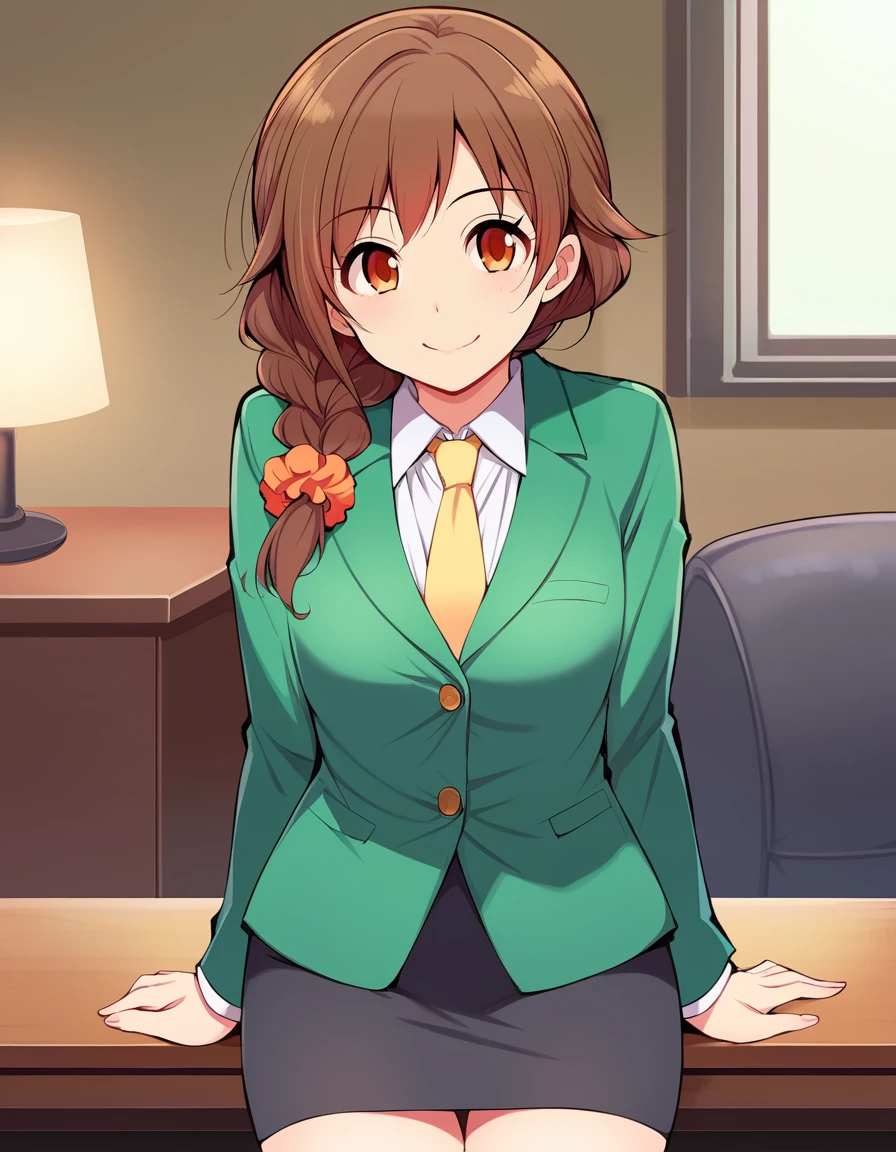 score_9, score_8_up, score_7_up, source_anime,
nsfw, 1girl solo, cowboy shot,  dating, smile, looking at viewer,  in office, desk, censer, steam,
senkawa chihiro, brown hair, single braid, hair over shoulder, hair scrunchie, red scrunchie, orange eyes,   yellow green suit, skirt suit, yellow necktie, black skirt, pencil skirt, 
 <lora:Serebi_pony_v1:1> srbi,