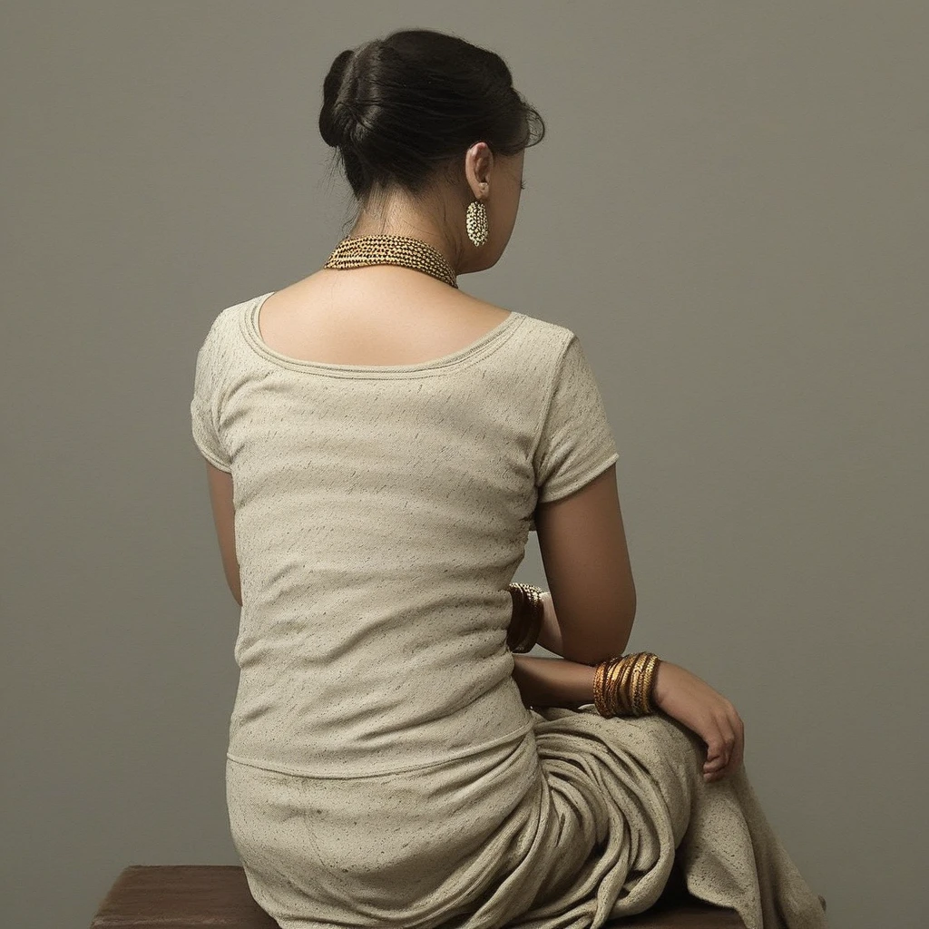 short sleeves, back, sitting, standing, earrings, pallu, bangles