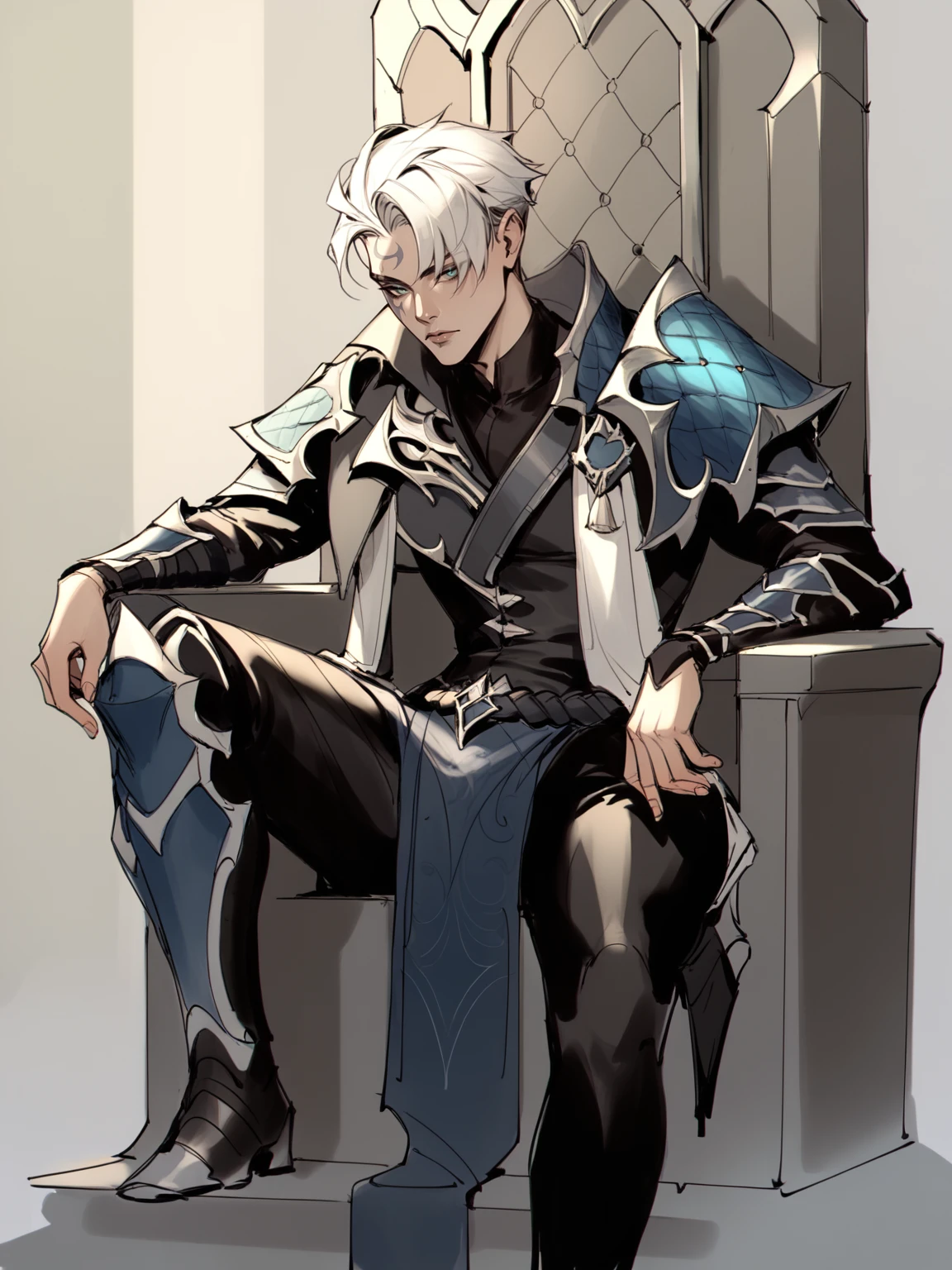 score_9, score_8_up, score_7_up, ApheliosEDG, 1man, solo, (white_short_hair:1.5), white hair, blue_armored_jacket, turquoise_eyes, face_makeup, black_shirt, white_scarf, black_pants, iced throne room, sitting on throne, w3ssb3ch3r, sketch, <lora:ApheliosEDG_XL:1> <lora:w3ssb3ch3rXLP:0.8>